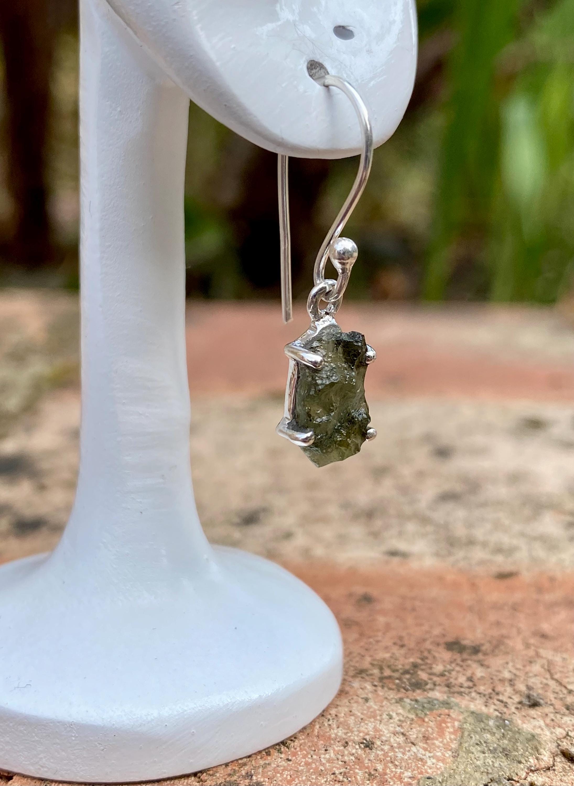 Natural Hexagon Cut Moldavite Sterling Silver Dangle Earrings