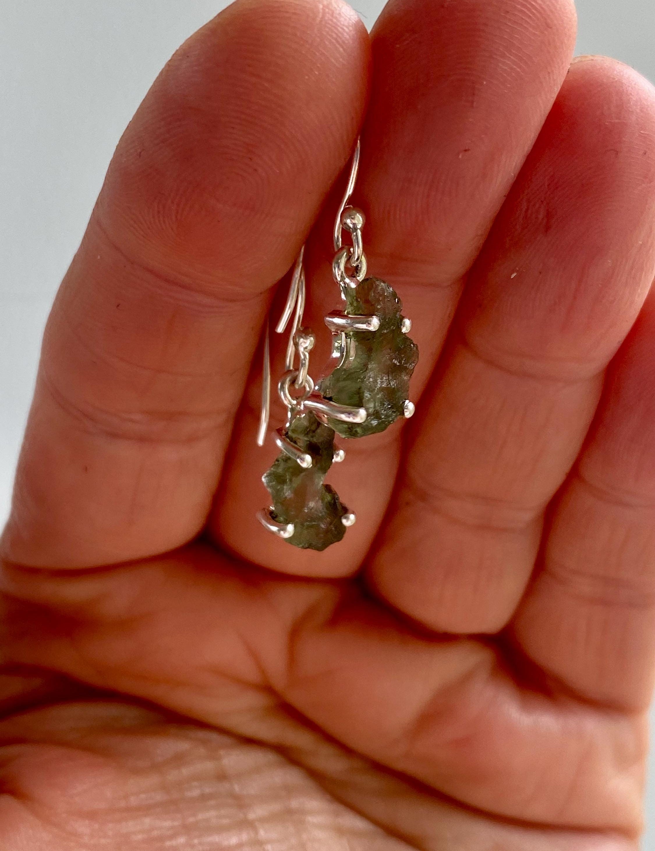 Natural Uncut Moldavite Sterling Silver Dangle Earrings