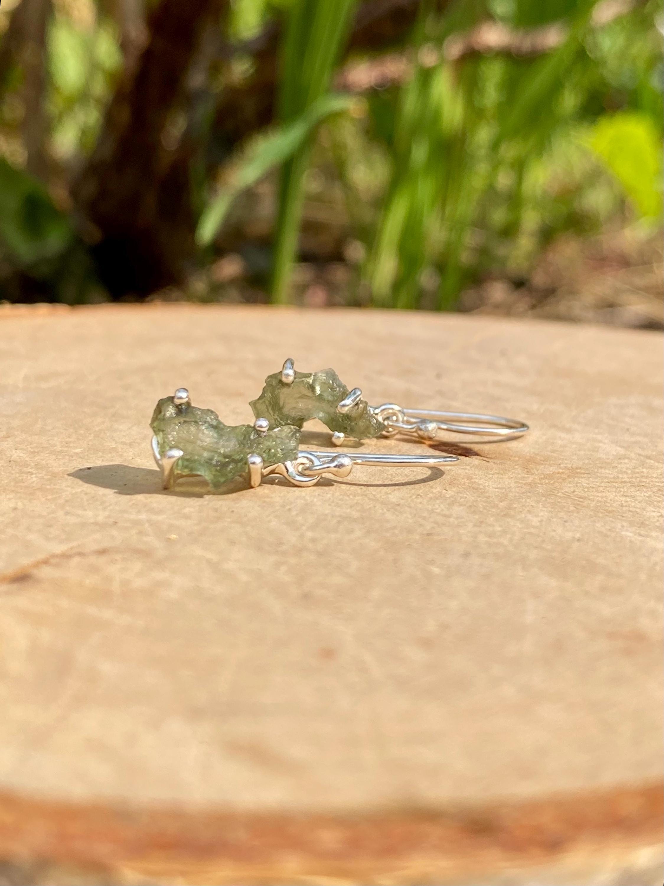 Natural Uncut Moldavite Sterling Silver Dangle Earrings
