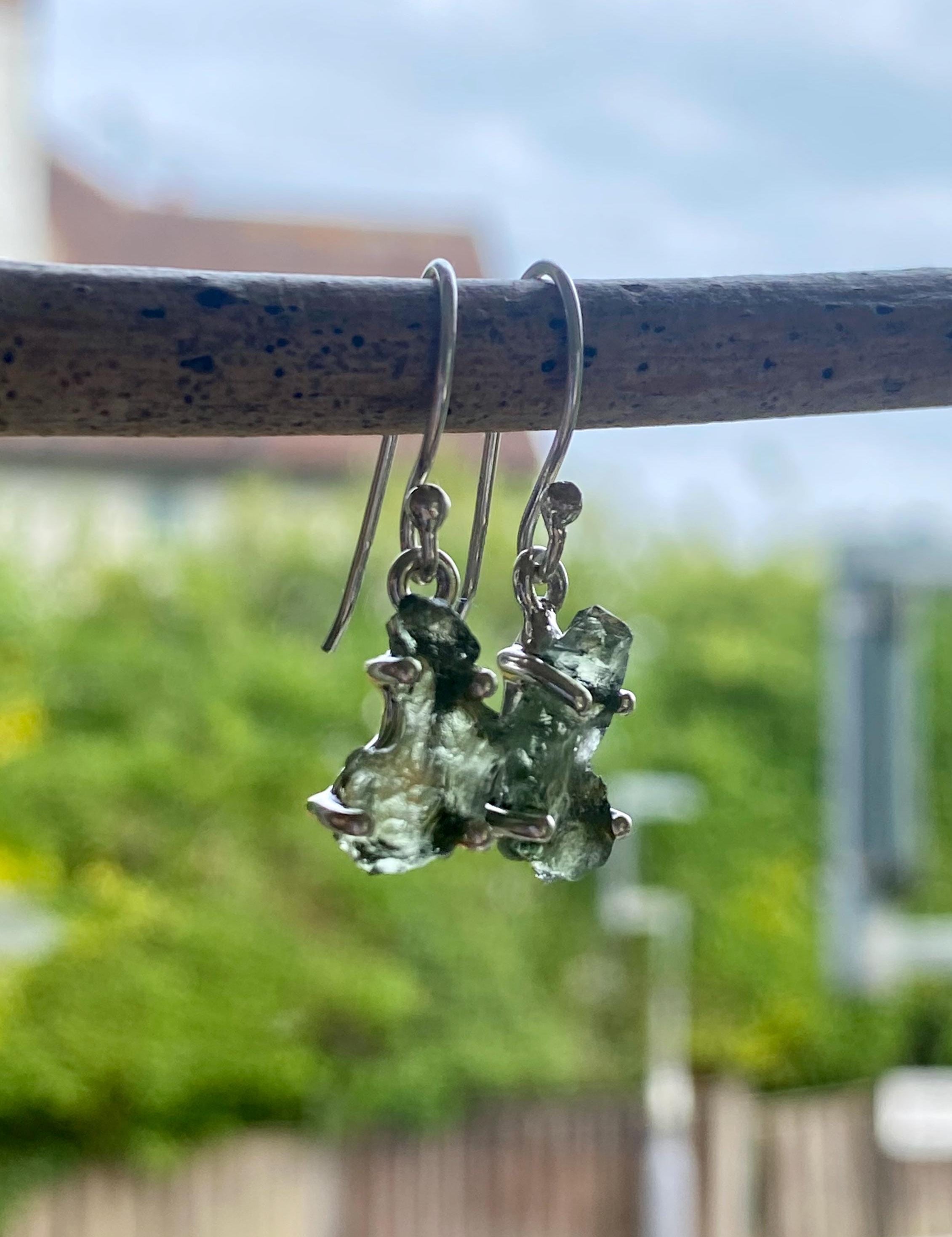 Natural Uncut Moldavite Sterling Silver Dangle Earrings