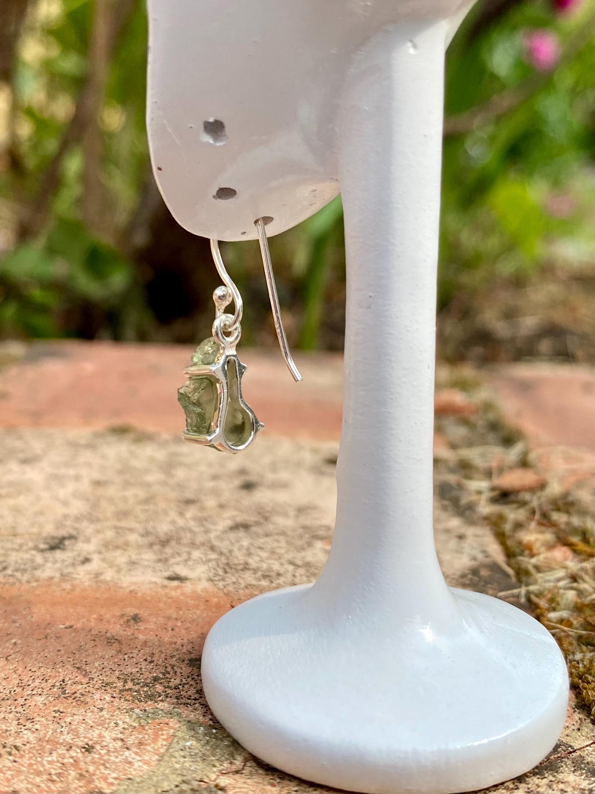 Natural Uncut Moldavite Sterling Silver Dangle Earrings