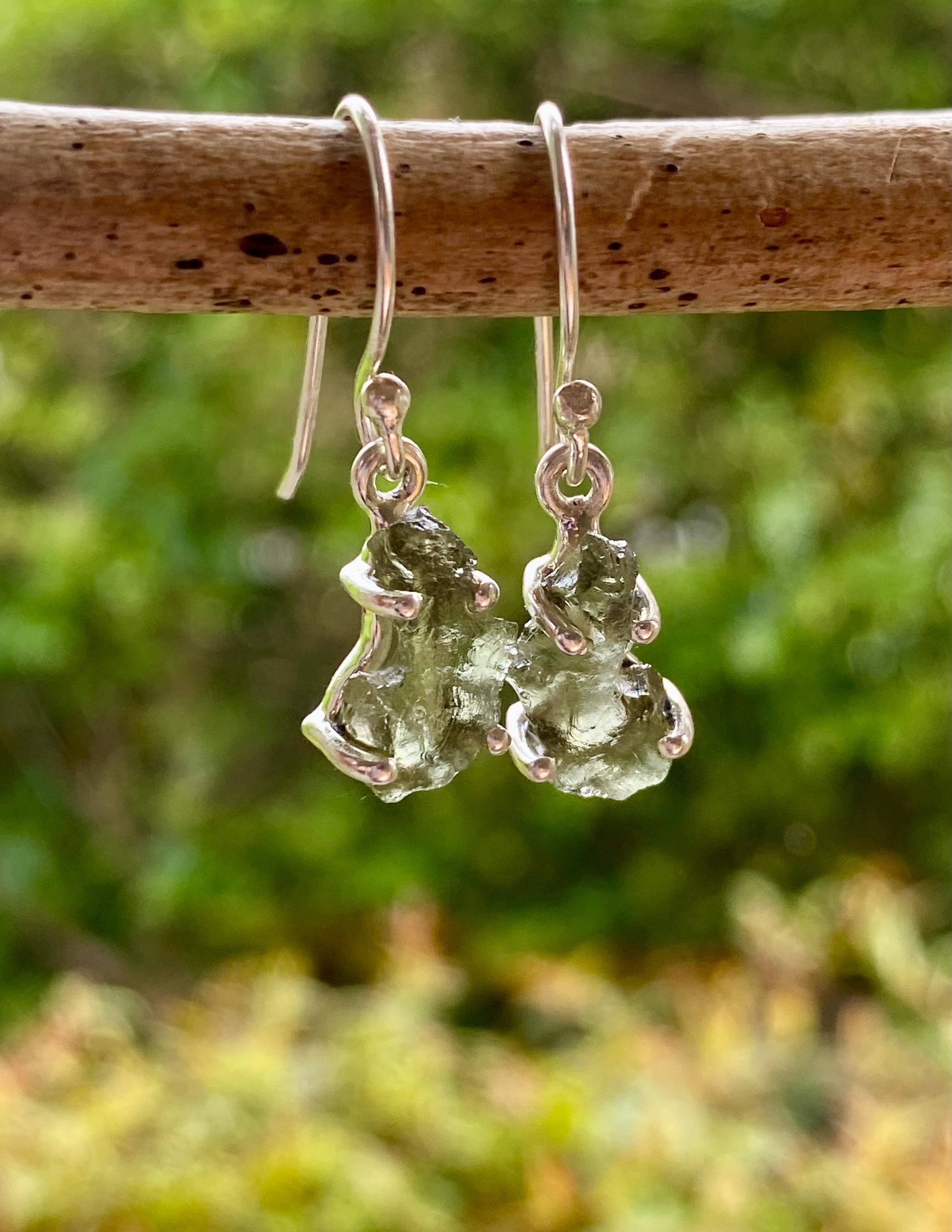 Natural Uncut Moldavite Sterling Silver Dangle Earrings