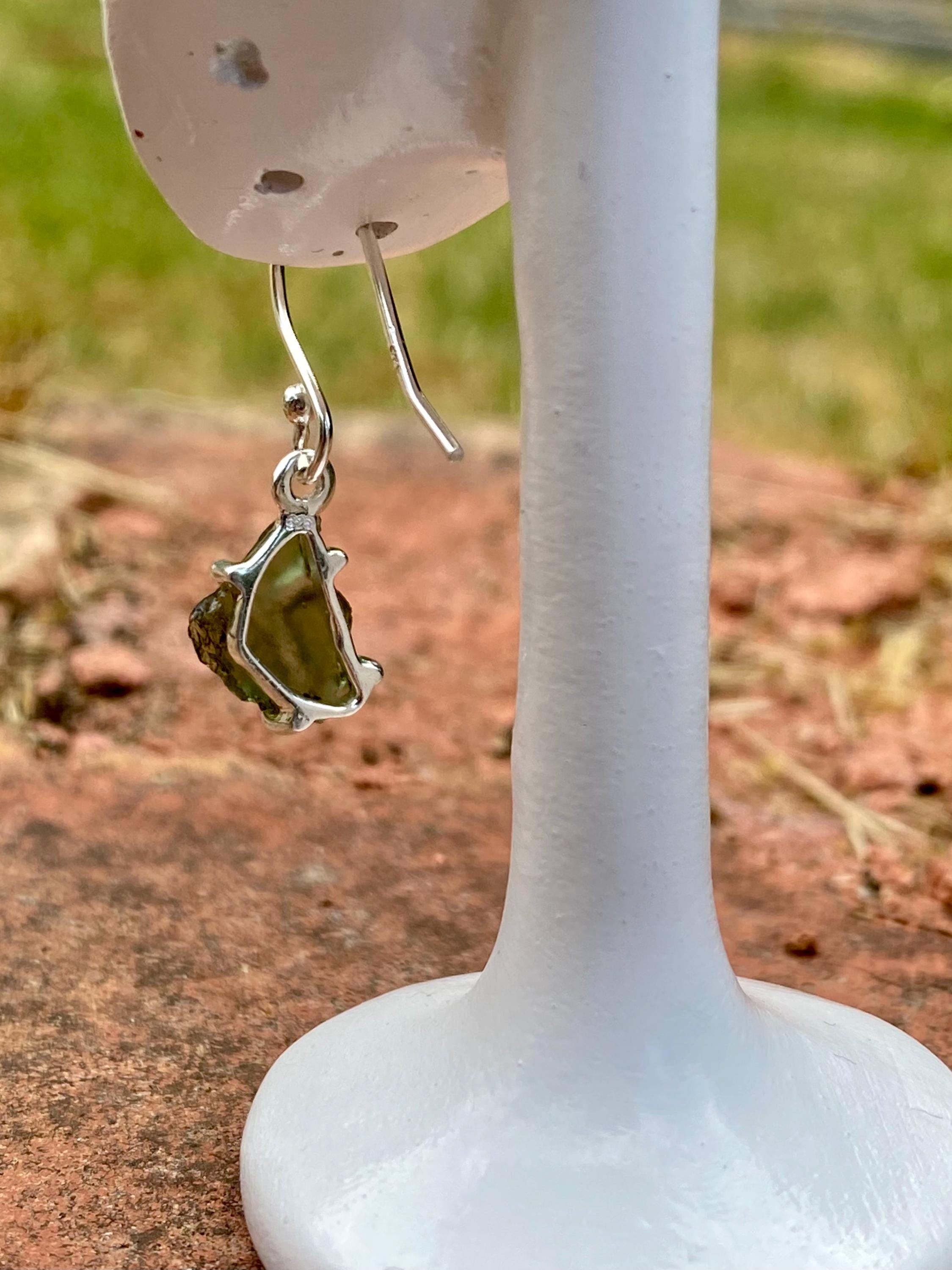 Natural Raw Moldavite Dangle Earrings Uncut Sterling Silver