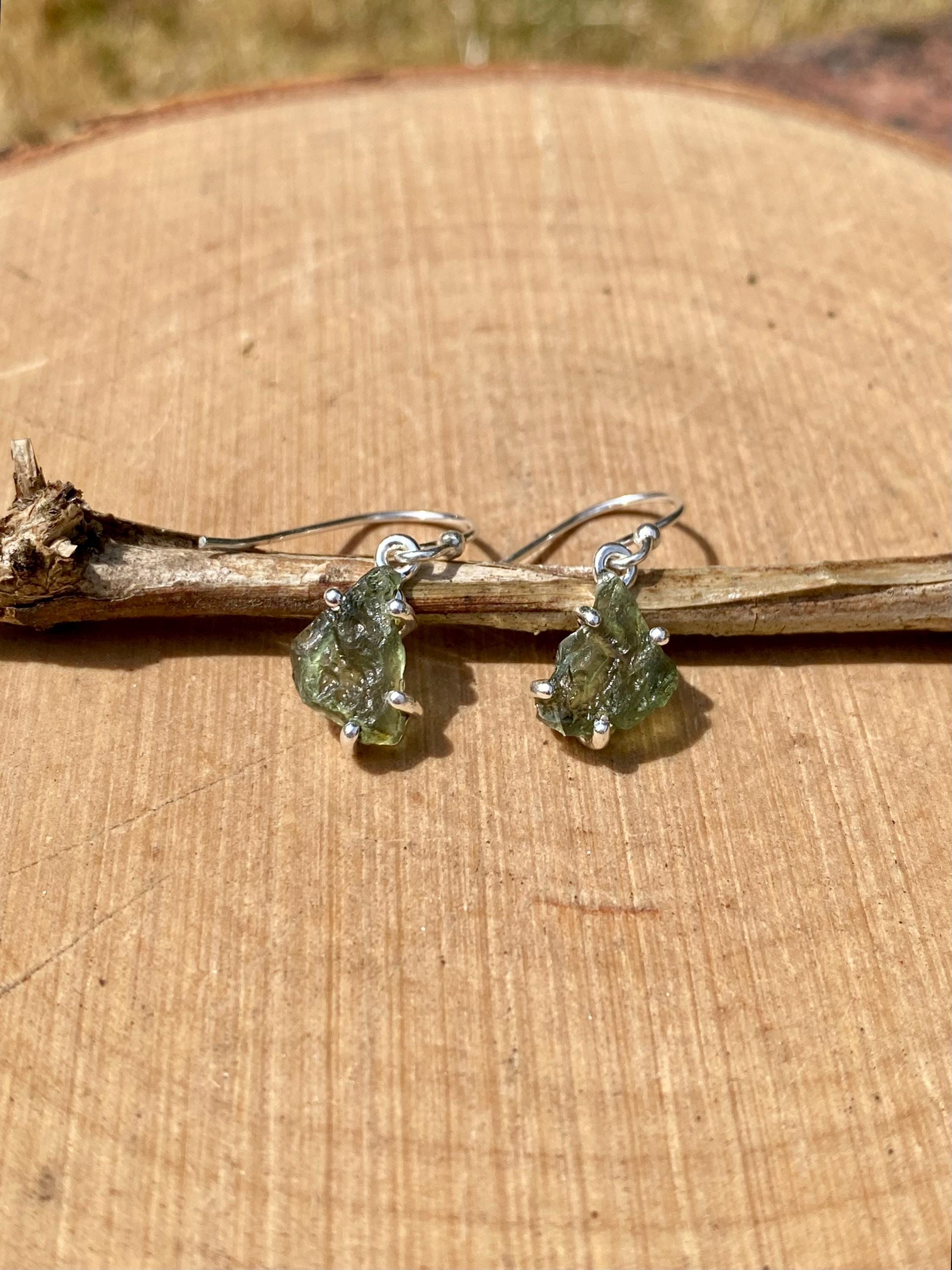 Natural Raw Moldavite Dangle Earrings Uncut Sterling Silver