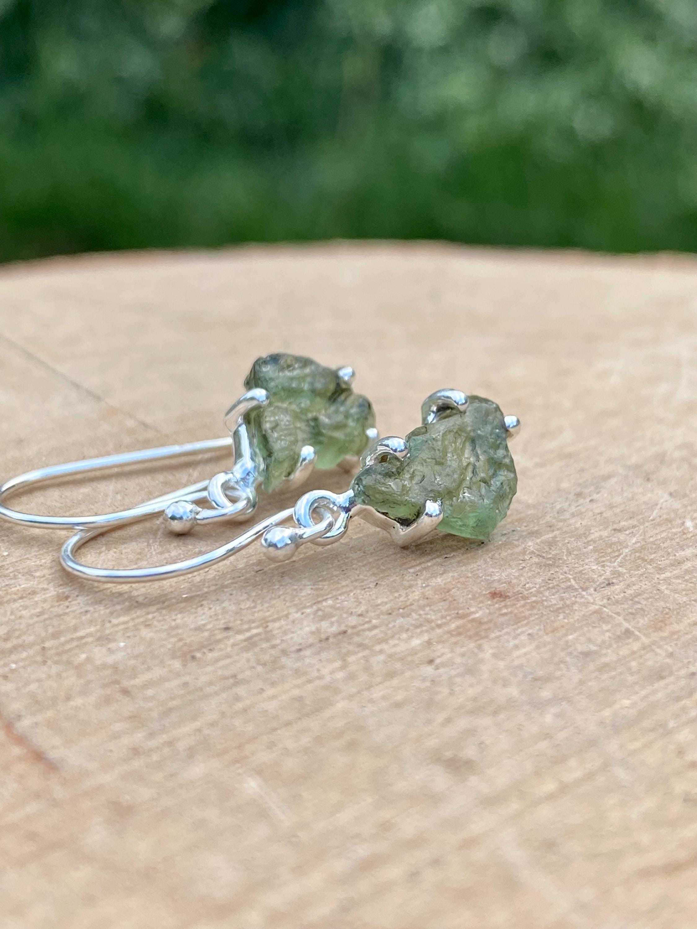 Natural Raw Moldavite Dangle Earrings Uncut Sterling Silver