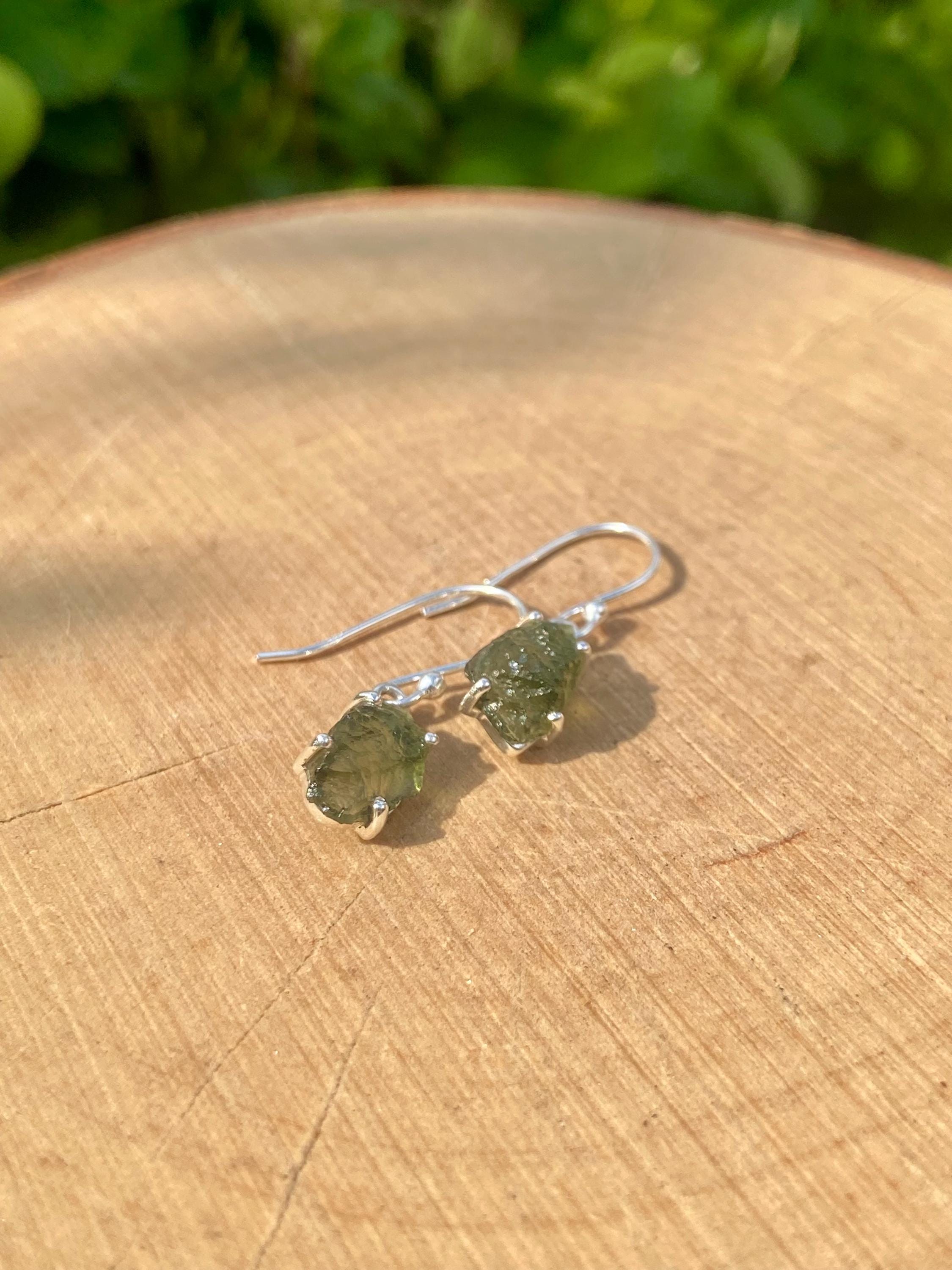 Natural Raw Moldavite Dangle Earrings Uncut Sterling Silver