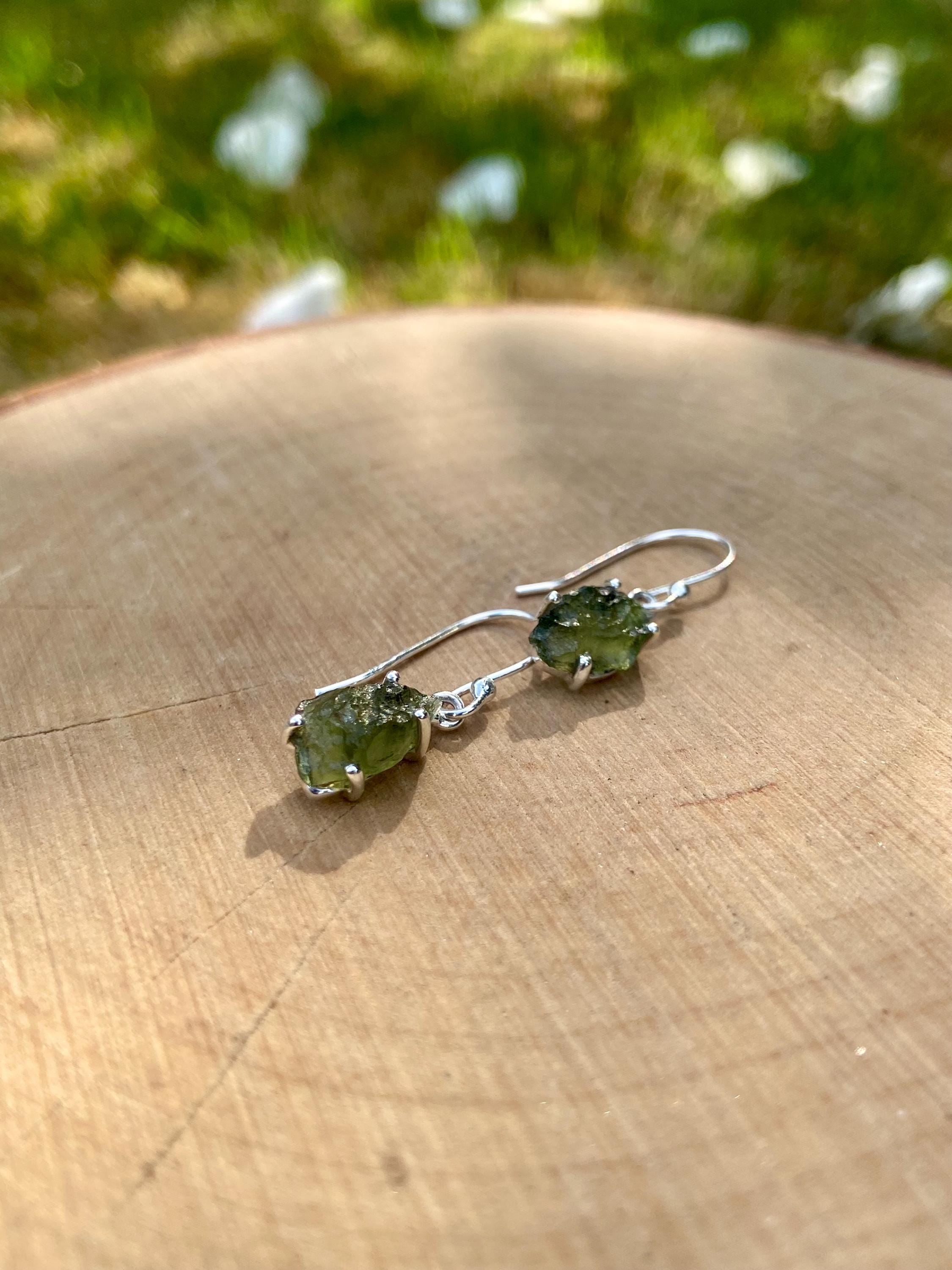 Natural Raw Moldavite Dangle Earrings Uncut Sterling Silver