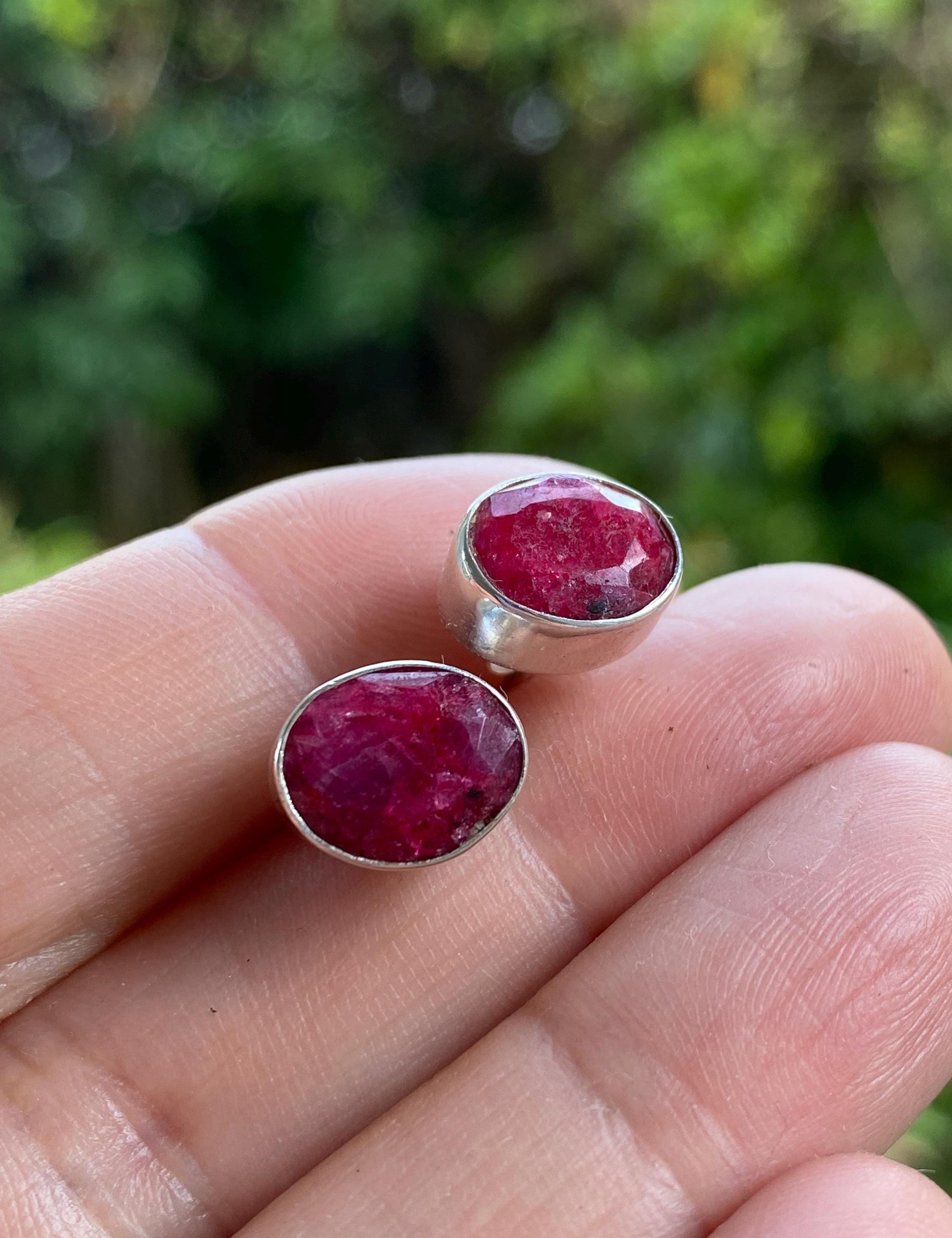 Raw Ruby and Silver Stud Earrings