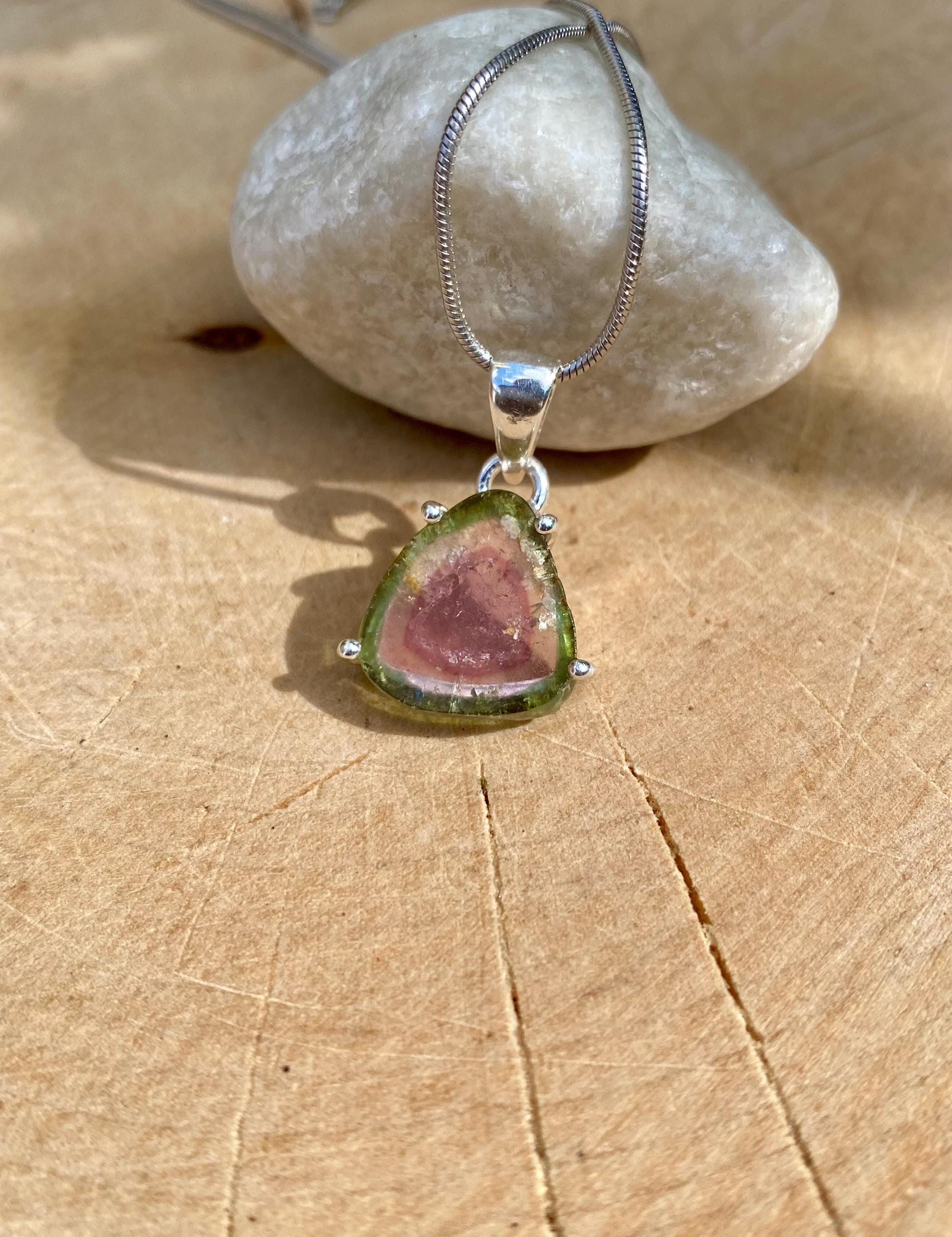 Watermelon Tourmaline Slice and Silver pendant
