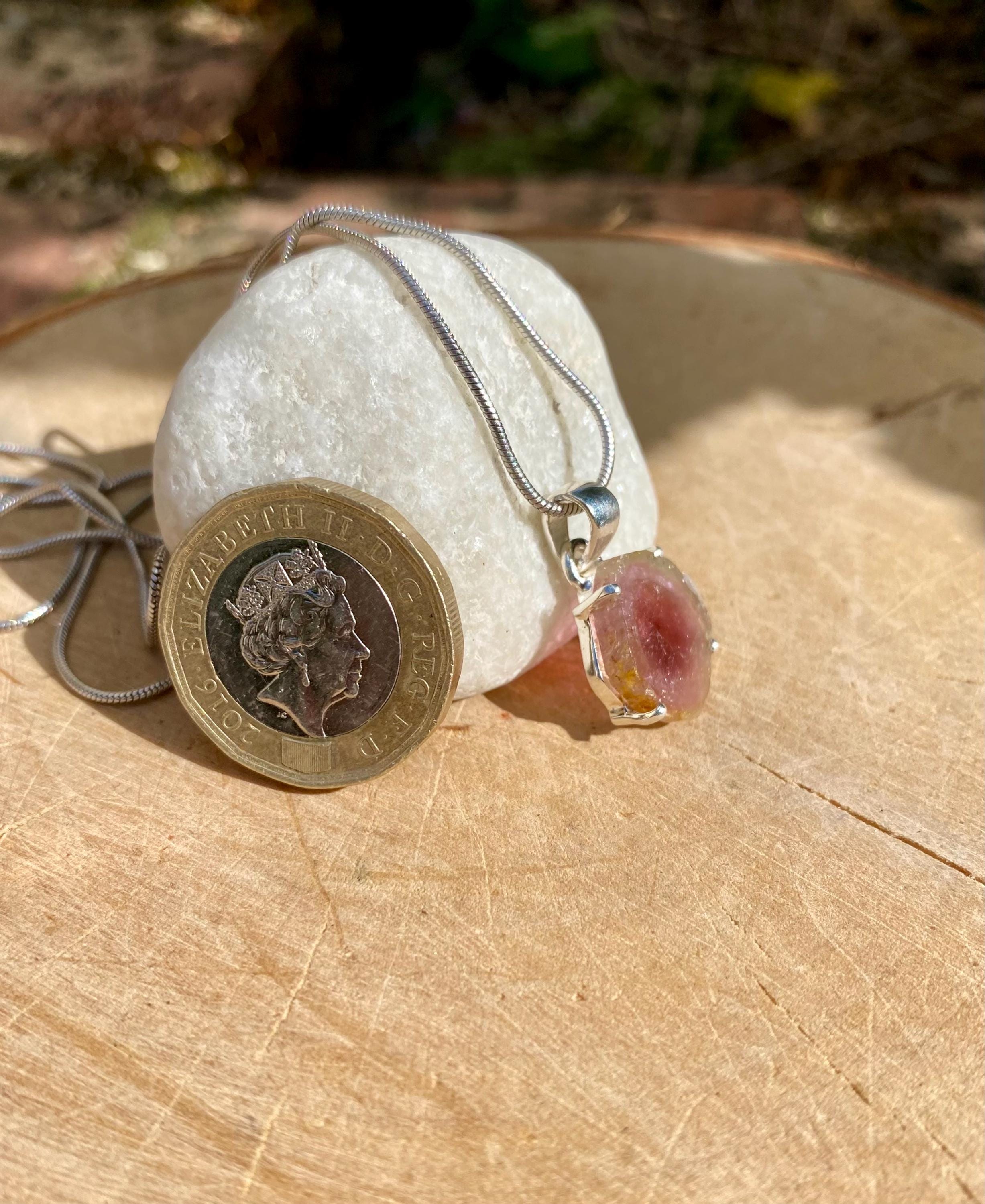 Watermelon Tourmaline Slice and Solid Silver Pendant