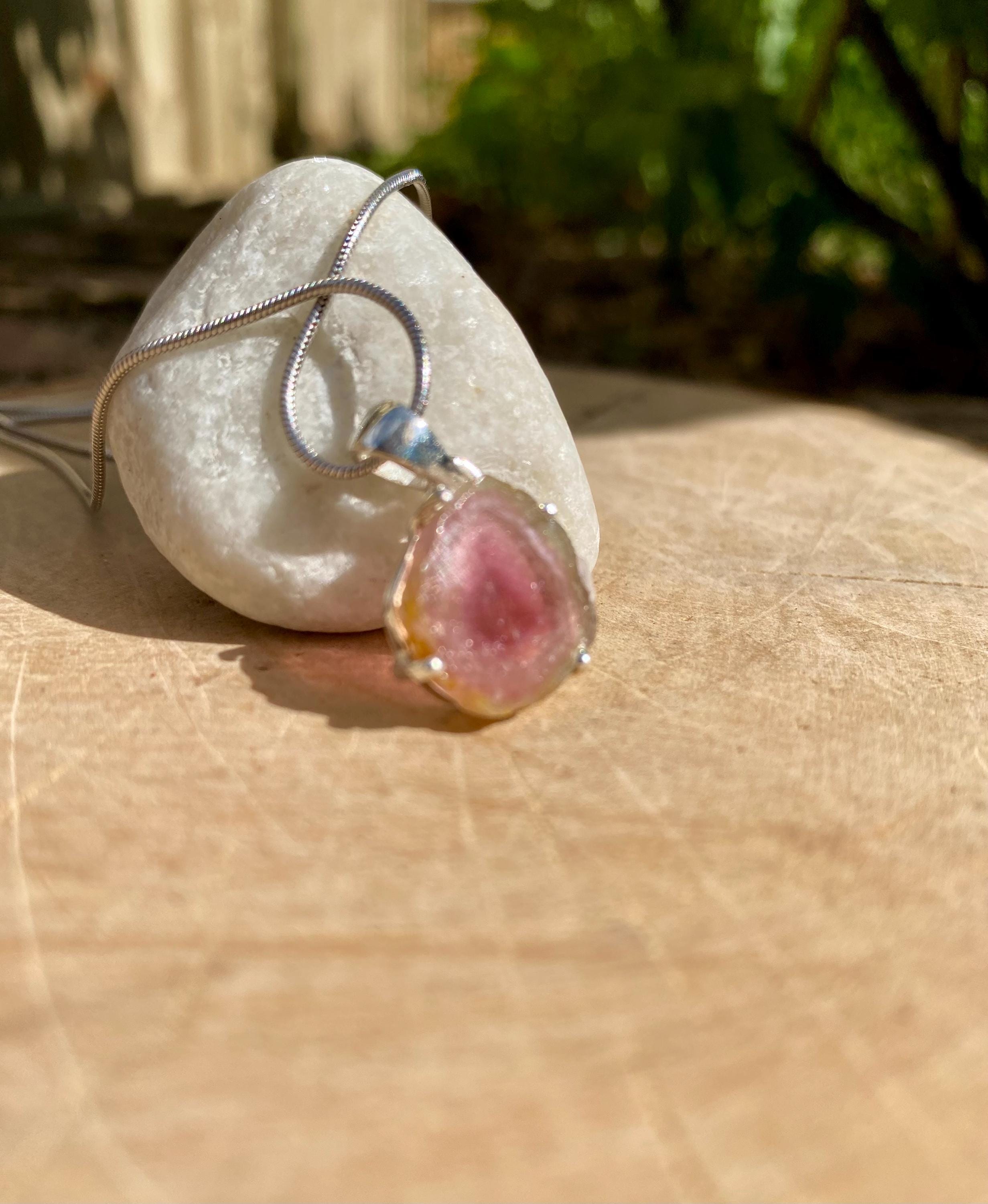Watermelon Tourmaline Slice and Solid Silver Pendant