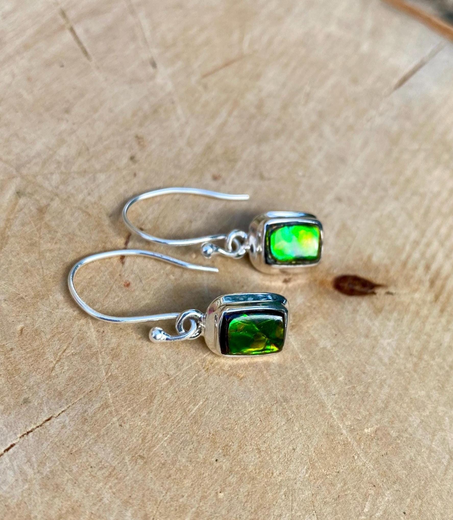 Ammolite Sterling Silver Rectangular Dangle Earrings