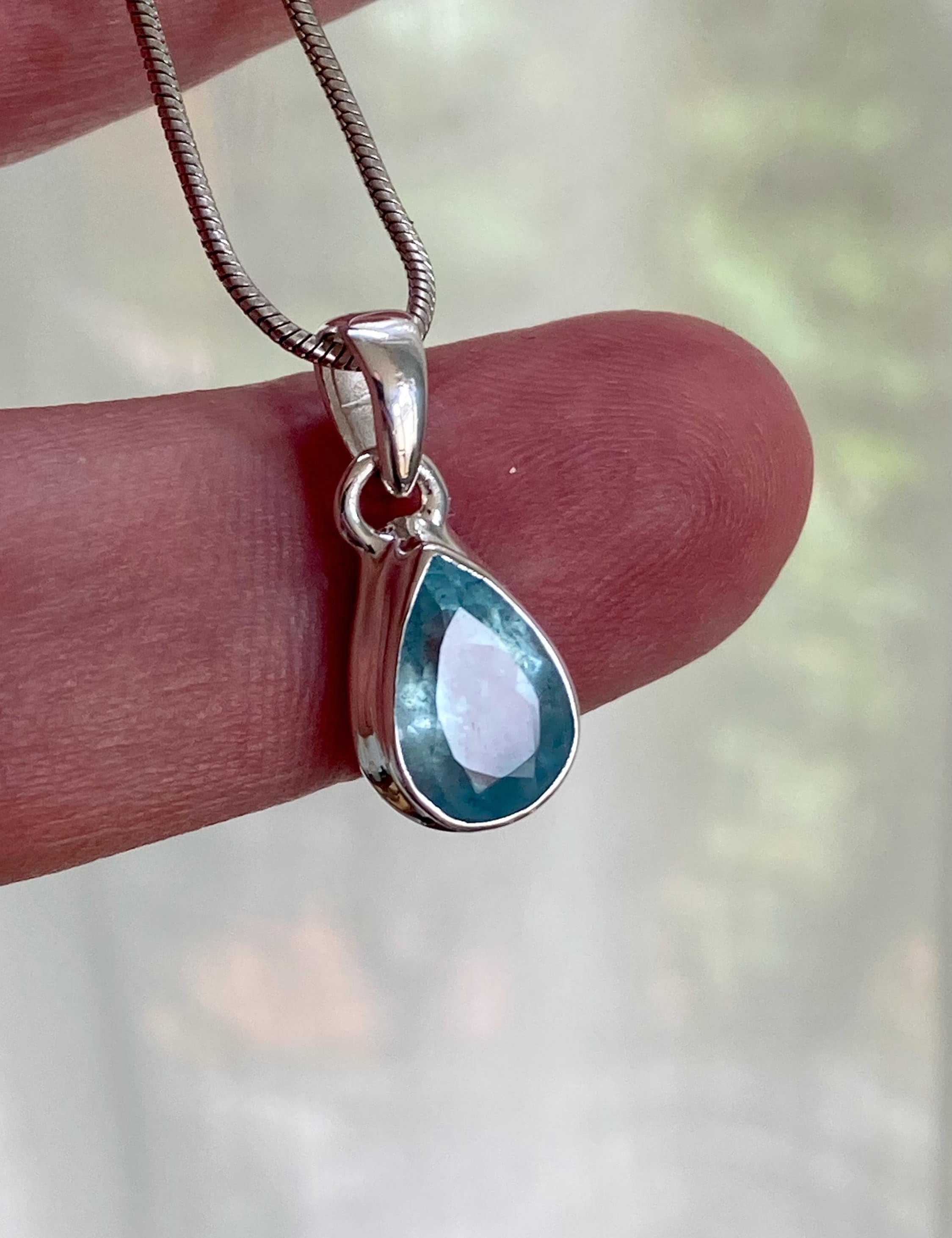 Fine Cut Natural Aquamarine Teardrop Sterling Silver Pendant