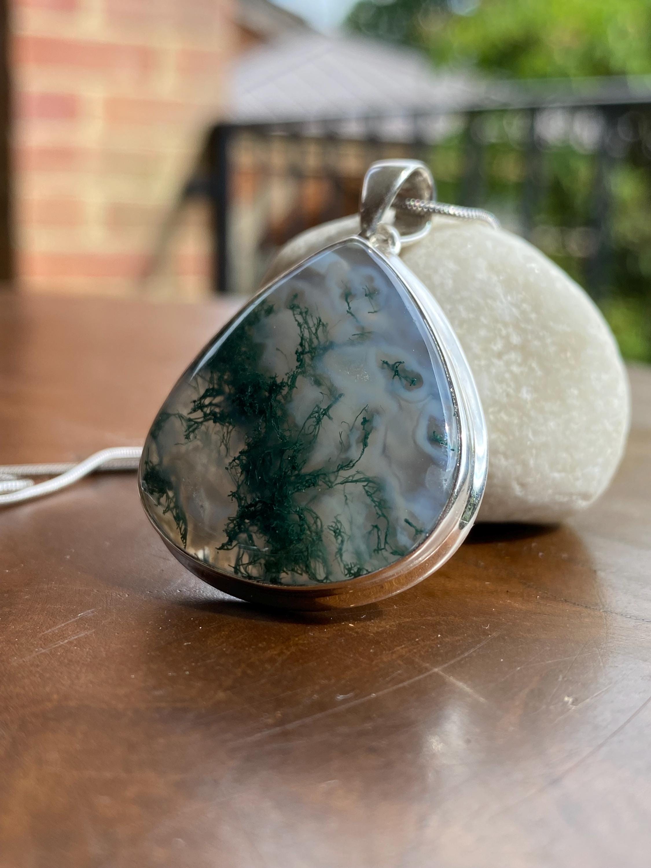 Moss Agate Sterling Silver Teardrop Pendant