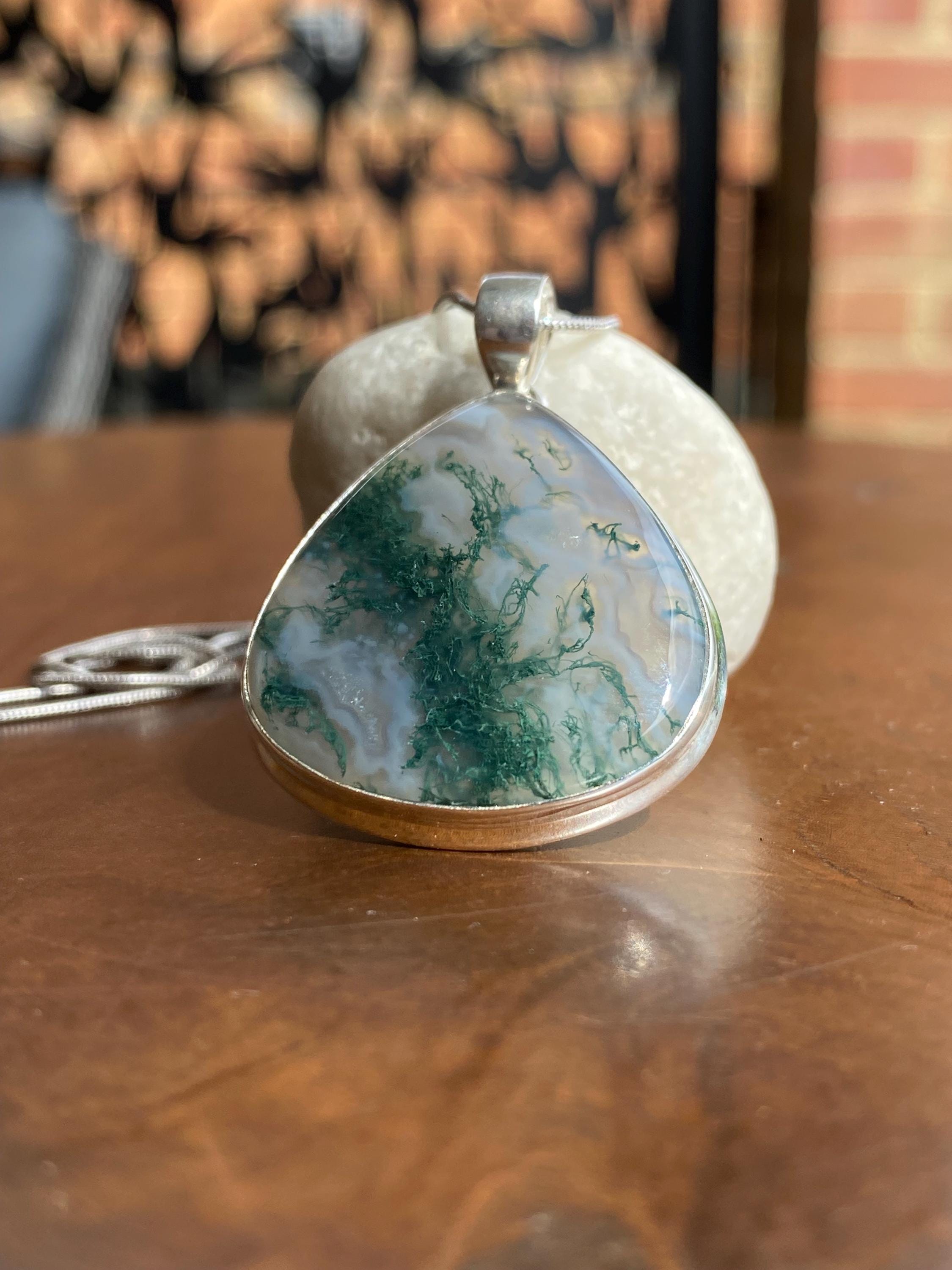 Moss Agate Sterling Silver Teardrop Pendant