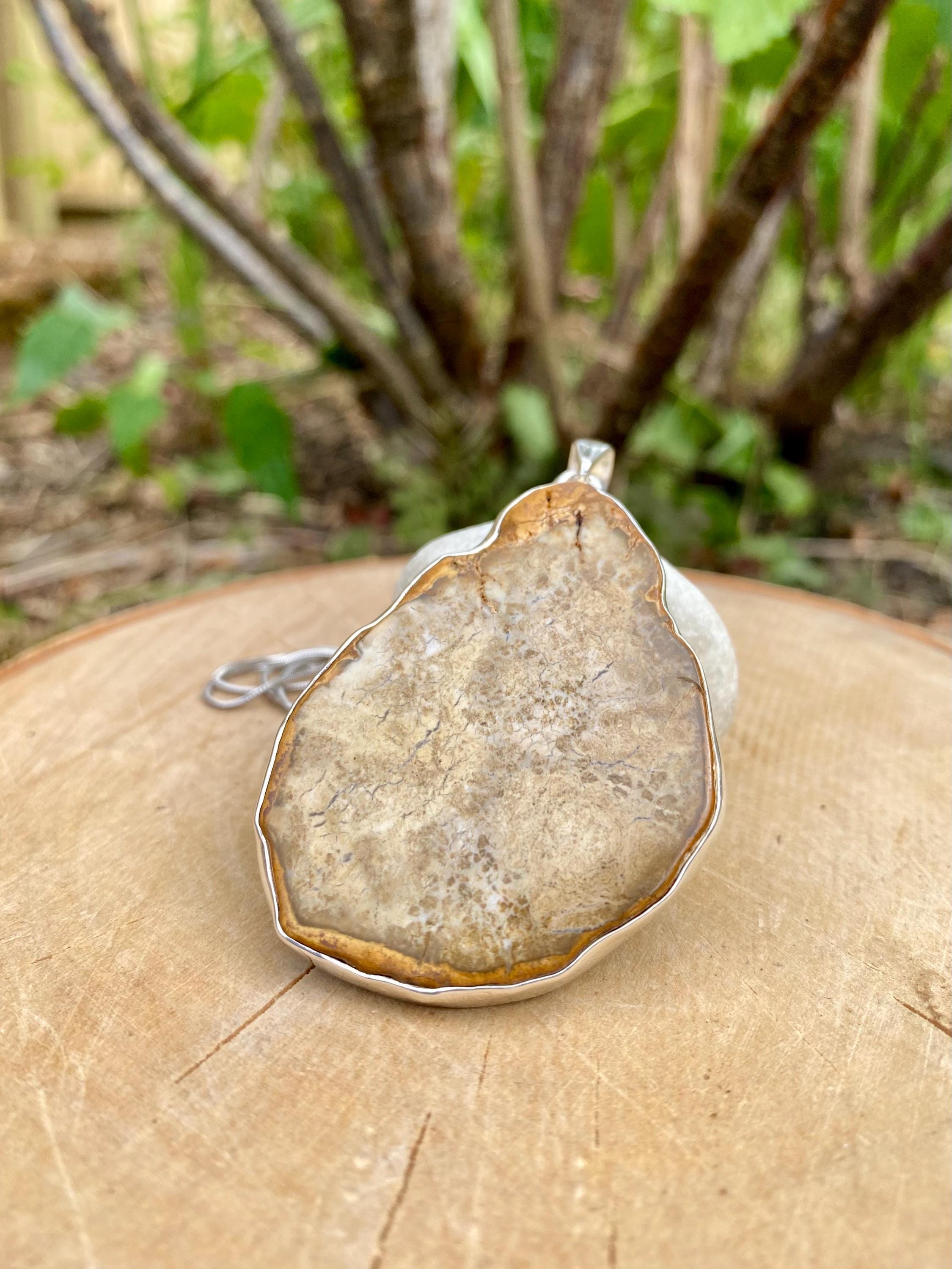 Petrified Wood Slice Pendant, Pear Cut 51mm x 40mm, Sterling Silver, Handmade UK gift