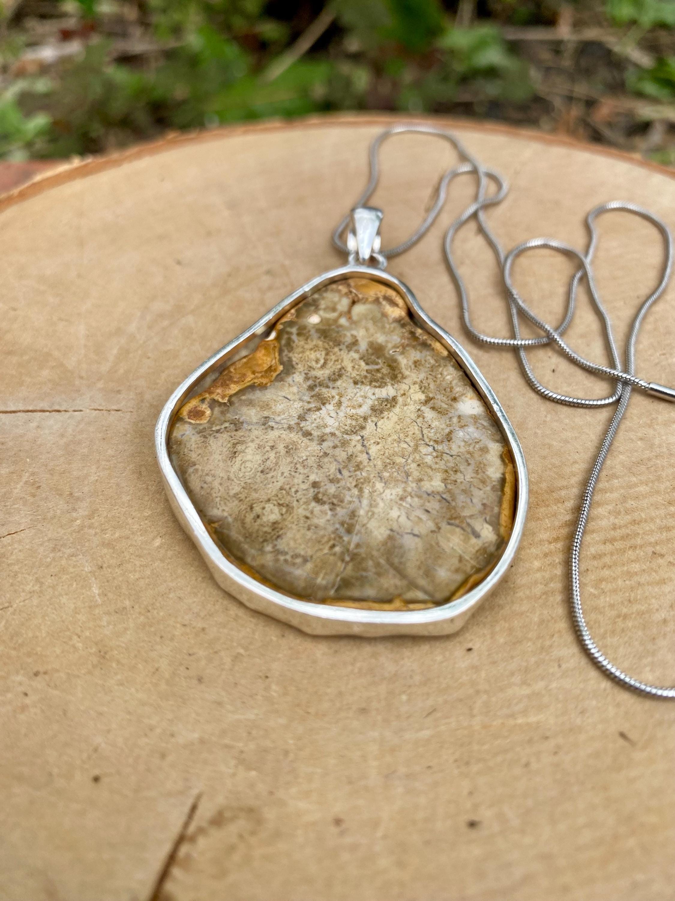 Petrified Wood Slice Pendant, Pear Cut 51mm x 40mm, Sterling Silver, Handmade UK gift
