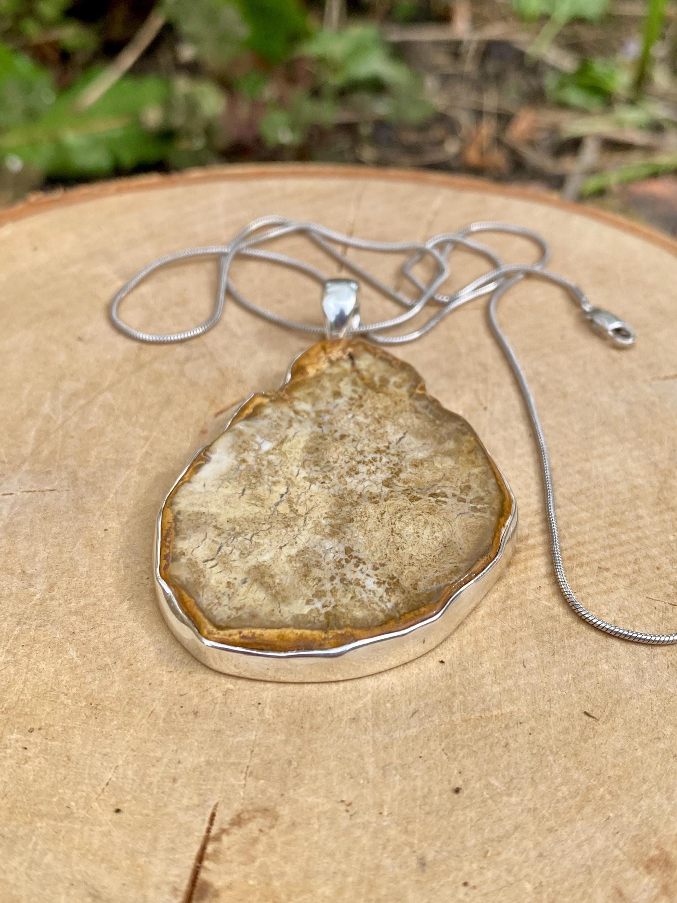 Petrified Wood Slice Pendant, Pear Cut 51mm x 40mm, Sterling Silver, Handmade UK gift
