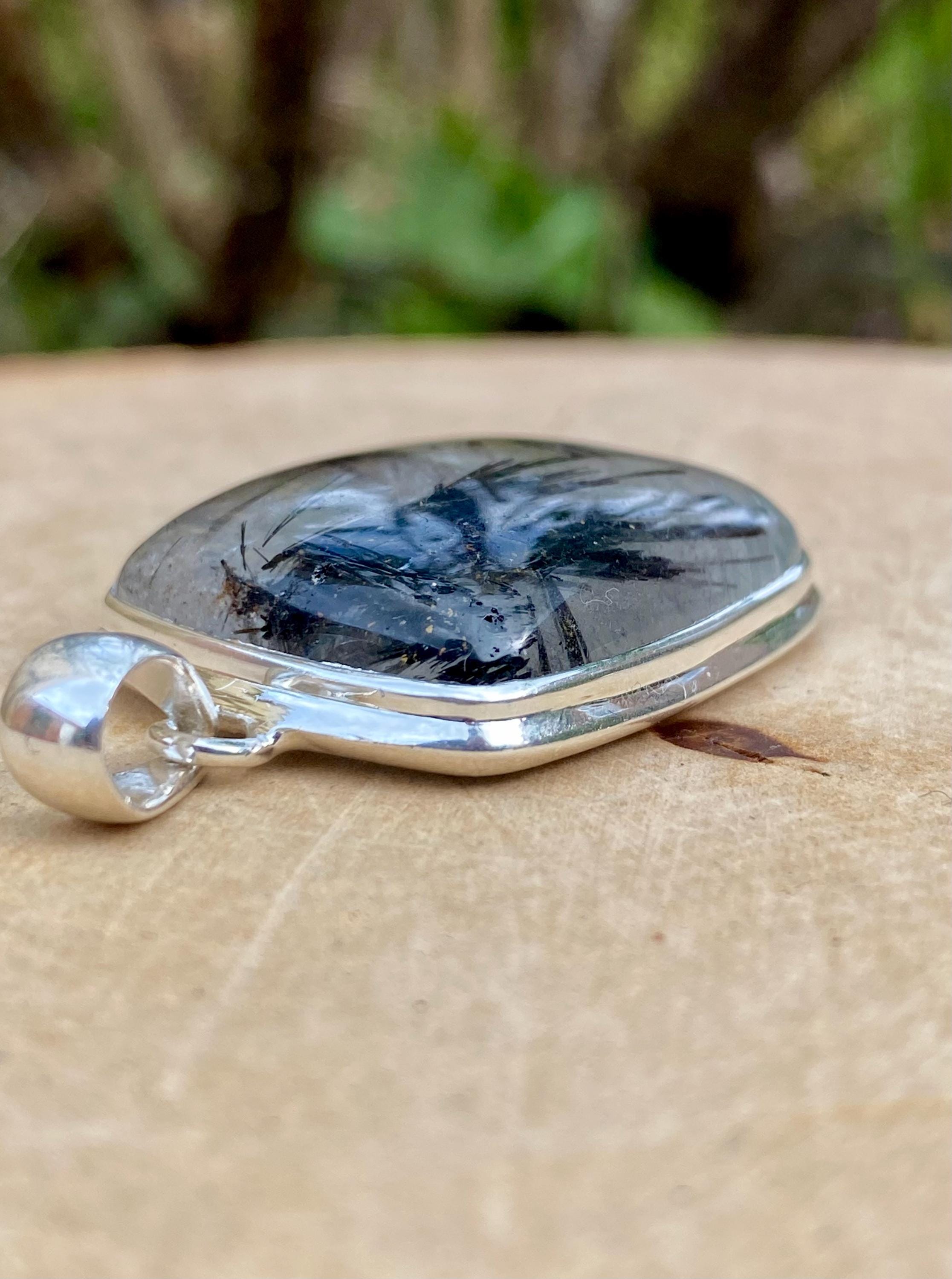 Black Tourmaline Rutilated Quartz and Silver Pendant