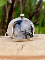 Black Tourmaline Rutilated Quartz and Silver Pendant