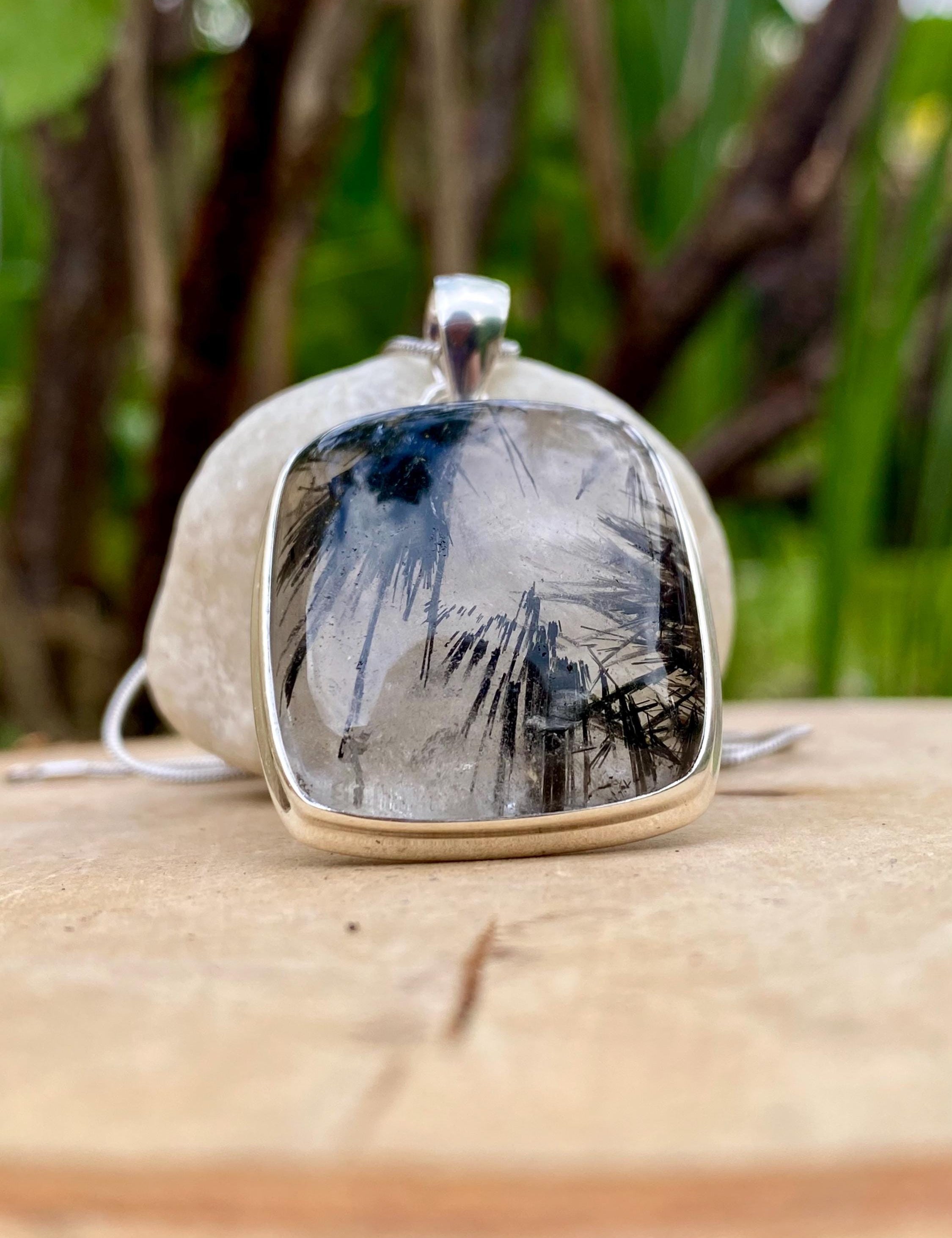 Black Tourmaline Rutilated Quartz and Silver Pendant