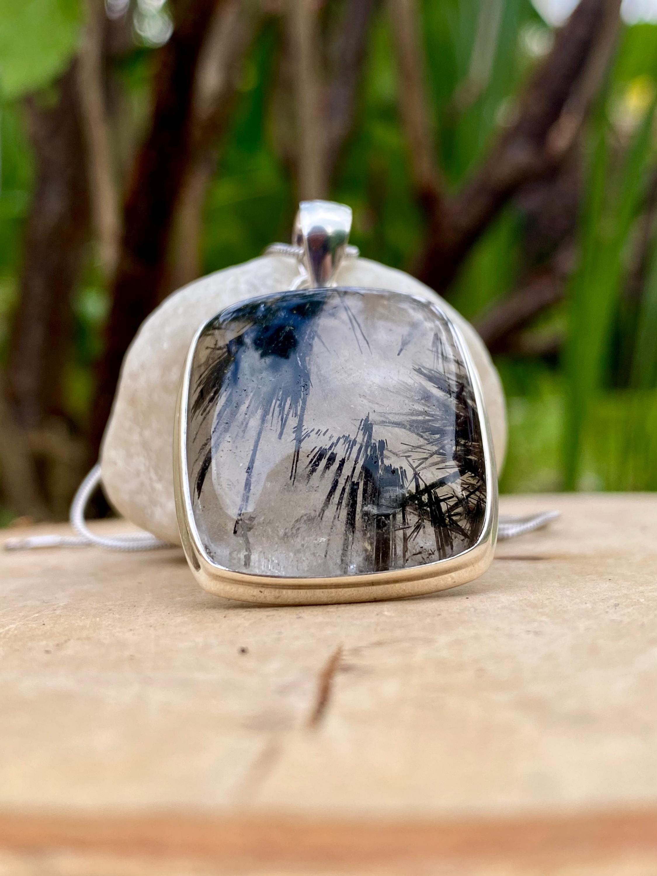 Black Tourmaline Rutilated Quartz and Silver Pendant