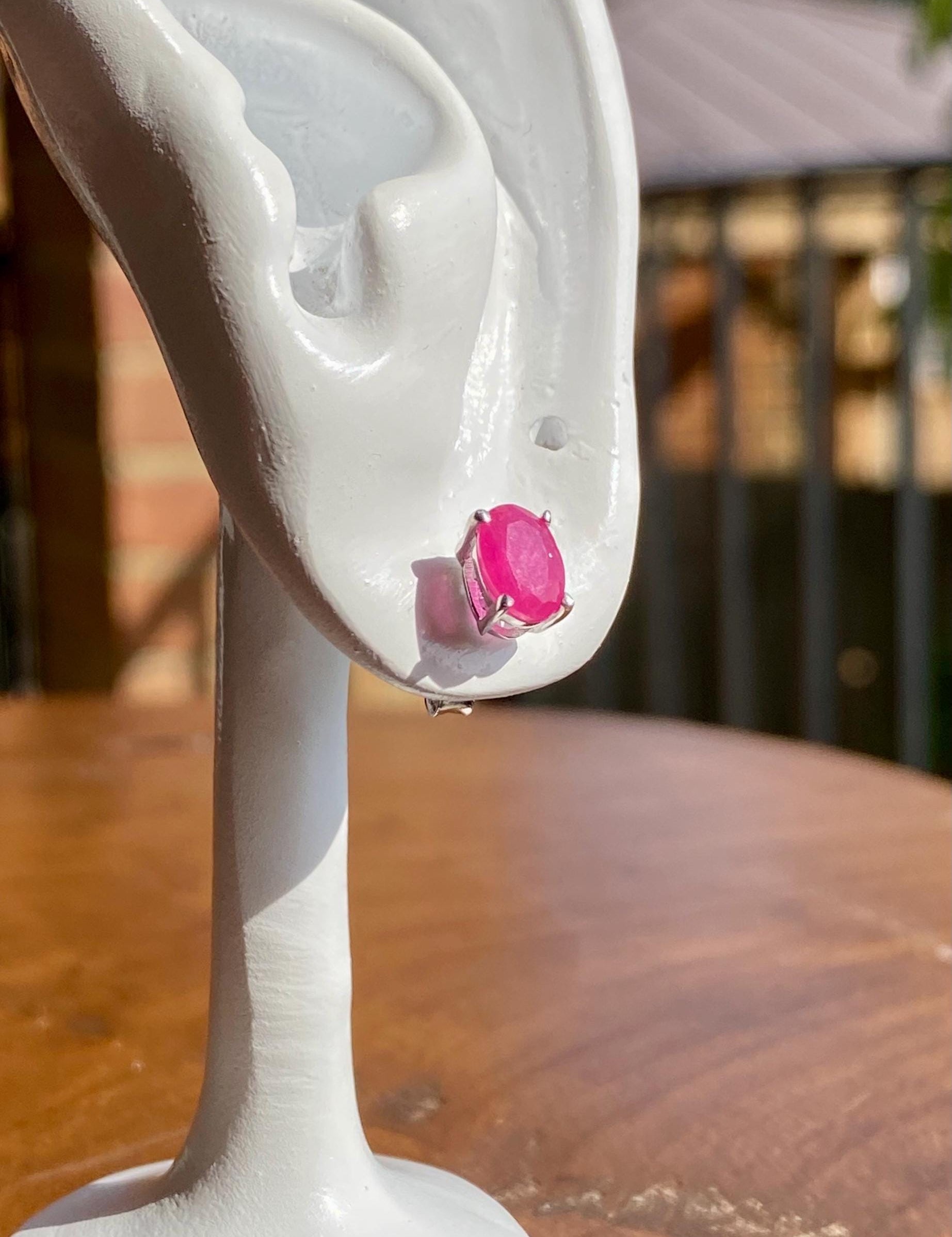 Genuine Ruby 925 Sterling Silver Oval Stud Earrings