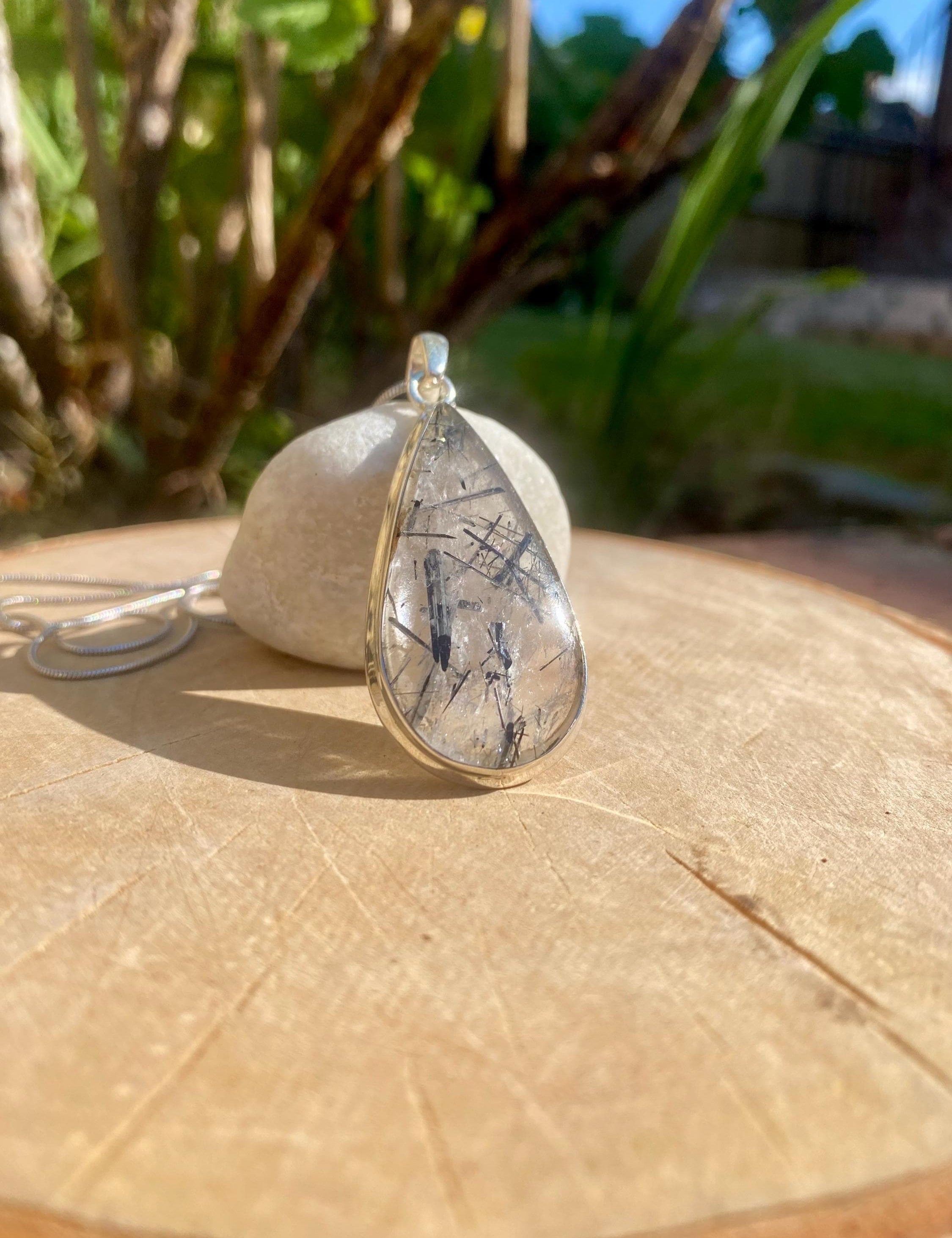 Pear Cut Black Tourmaline Rutilated Quartz Sterling Silver Pendant