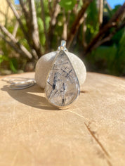 Pear Cut Black Tourmaline Rutilated Quartz Sterling Silver Pendant