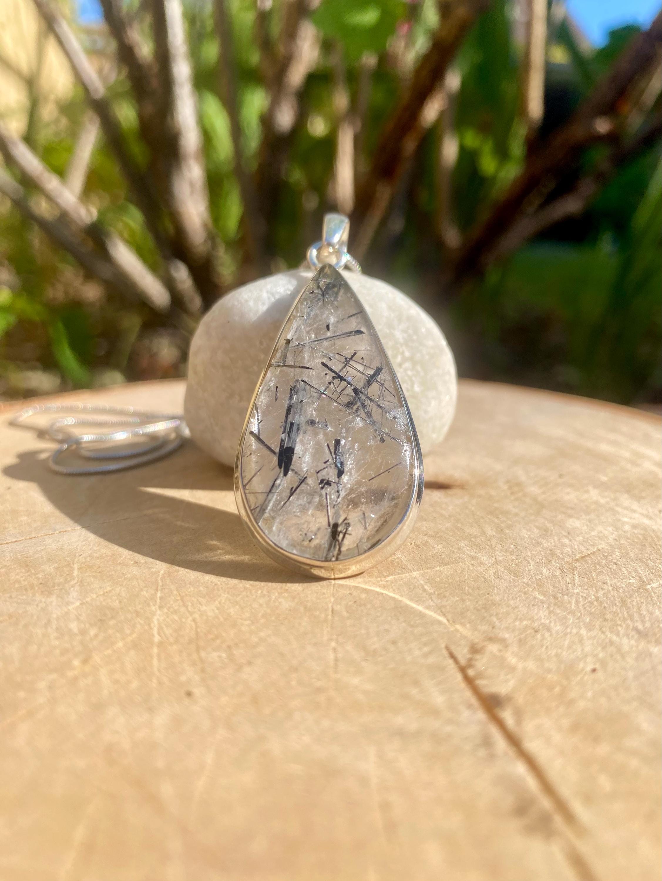 Pear Cut Black Tourmaline Rutilated Quartz Sterling Silver Pendant