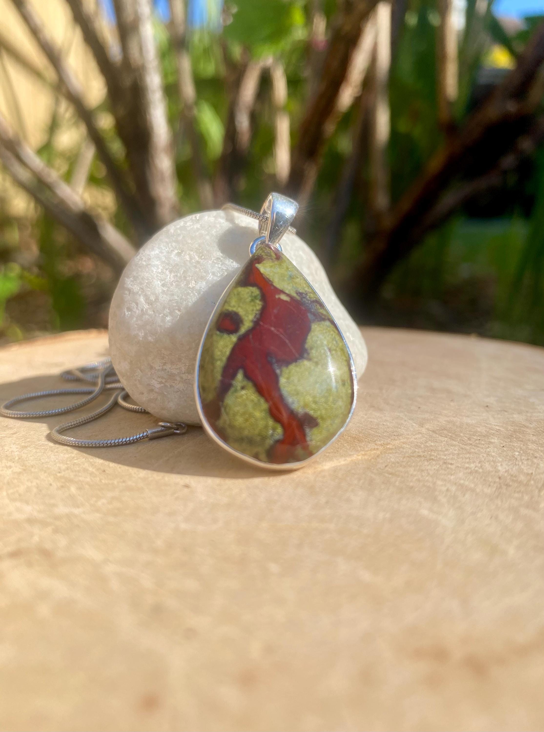 Pear Cut African Dragon Bloodstone Sterling Silver Pendant