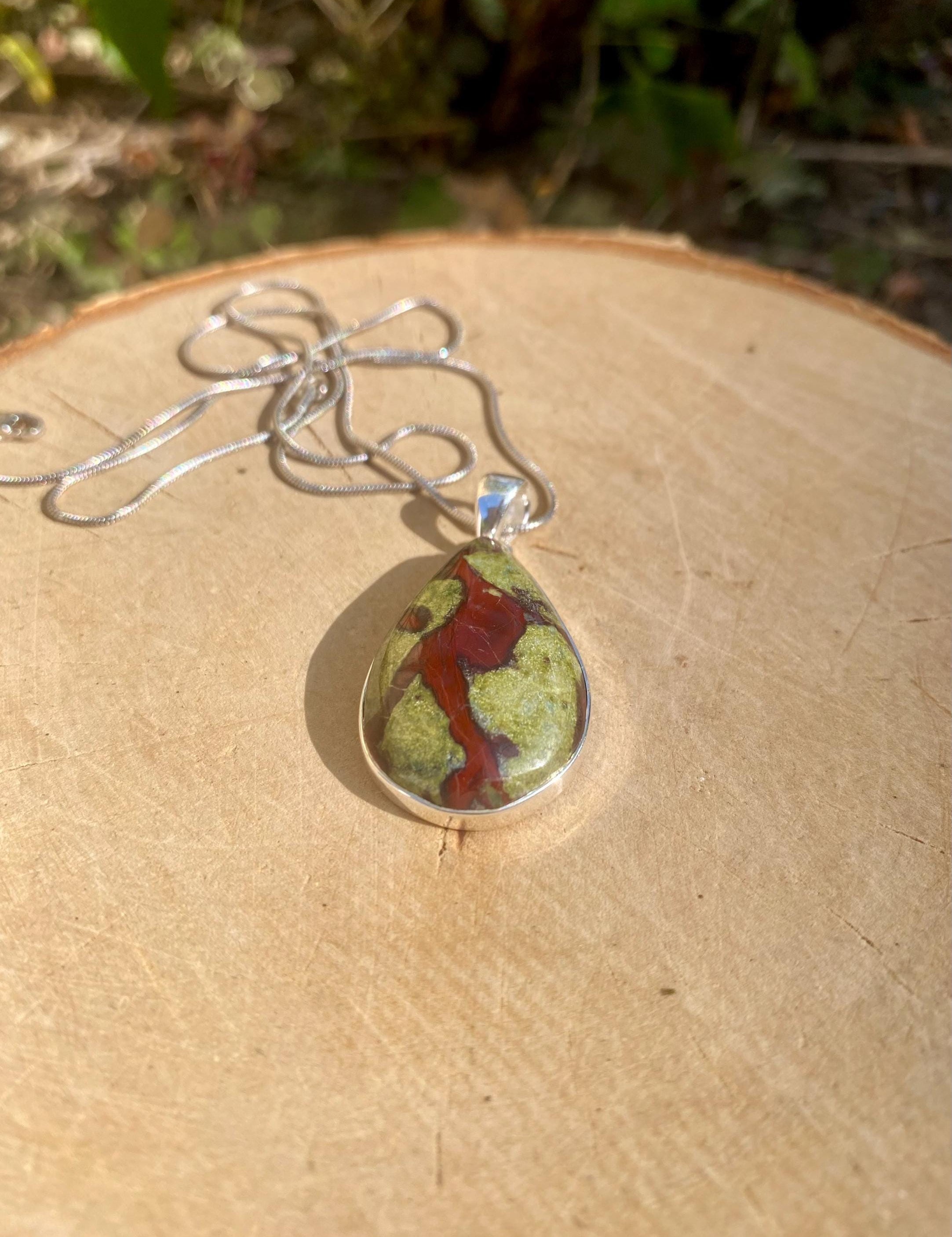 Pear Cut African Dragon Bloodstone Sterling Silver Pendant