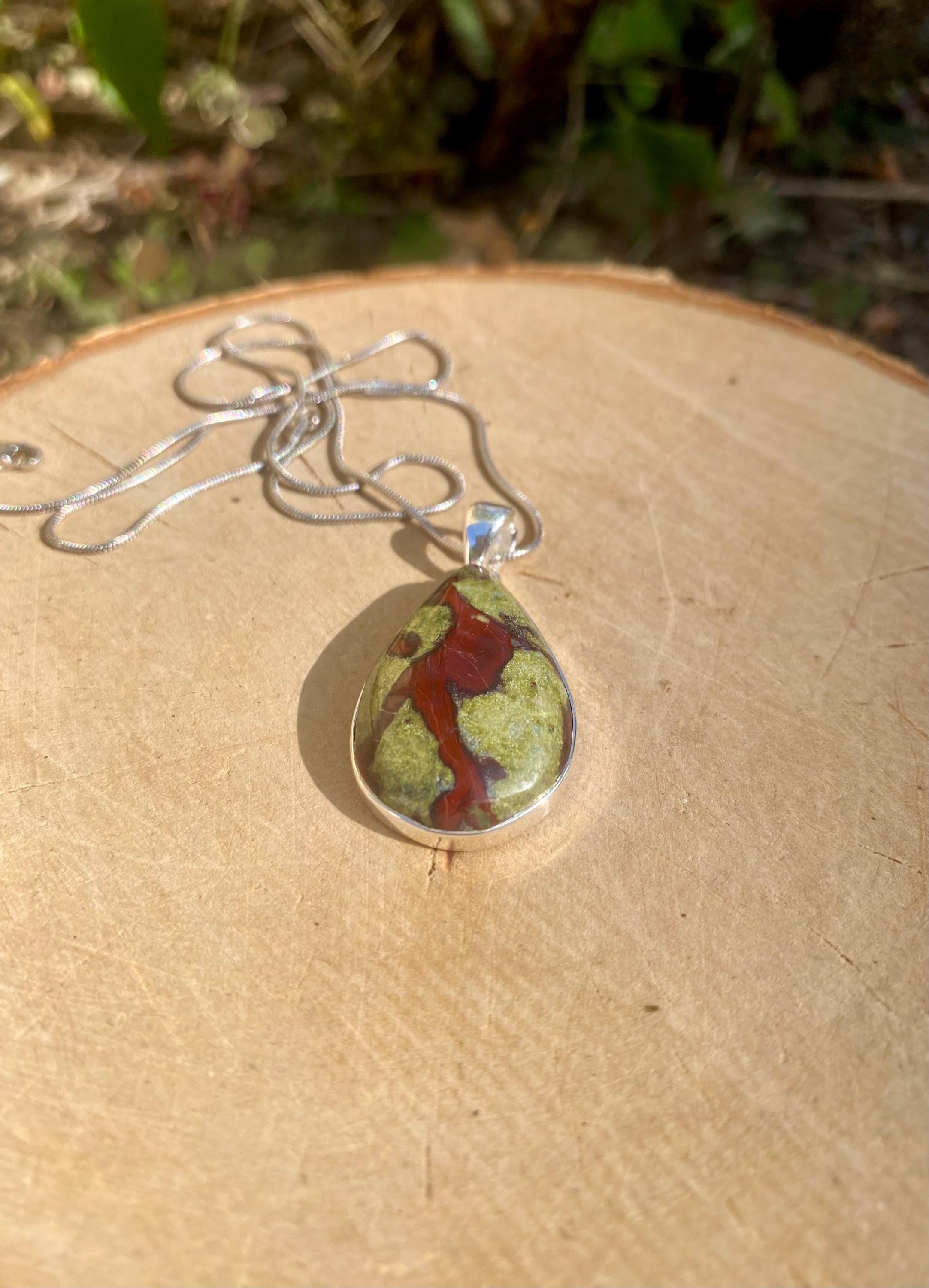 Pear Cut African Dragon Bloodstone Sterling Silver Pendant