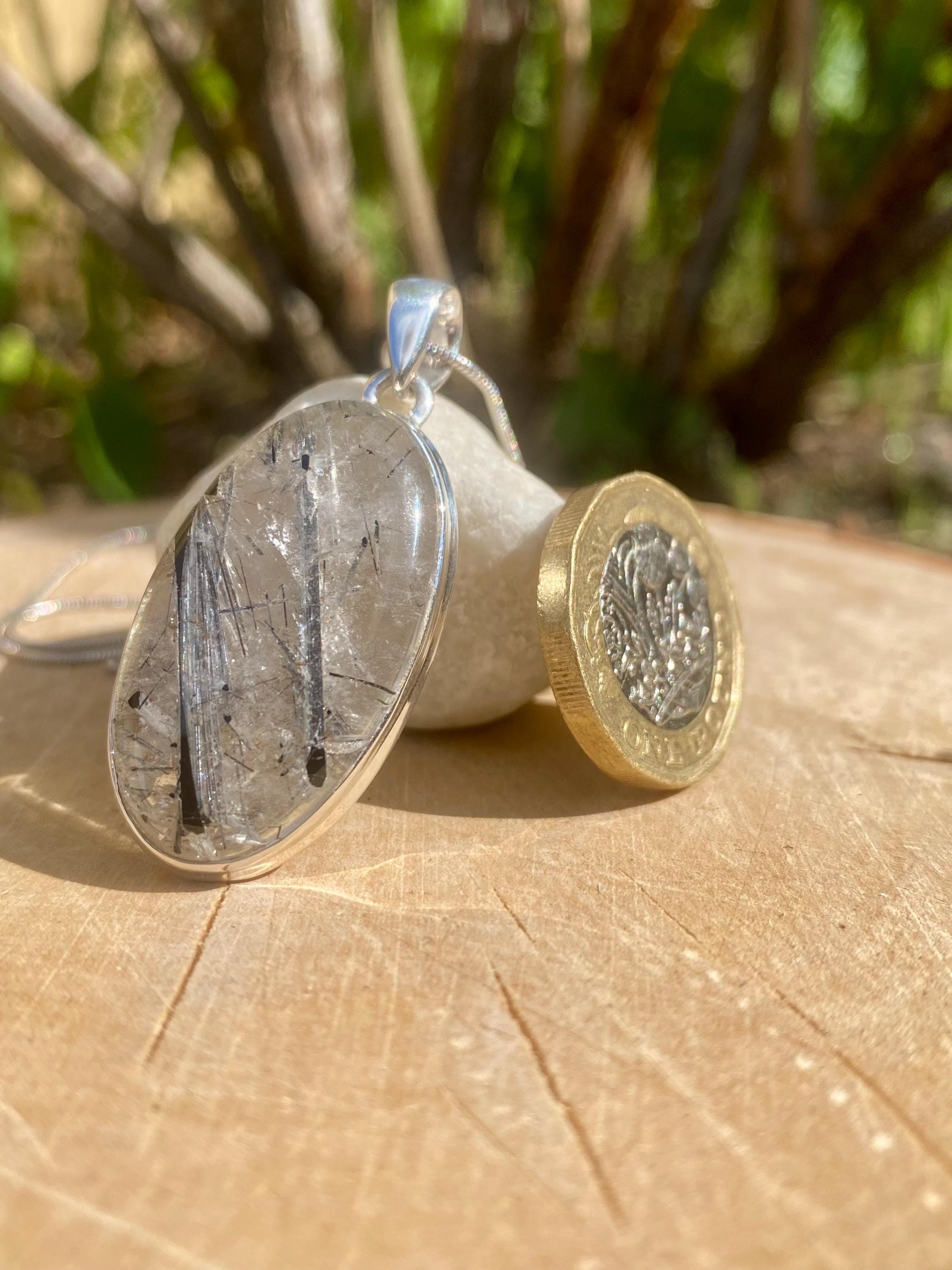 Oval Black Tourmaline Rutilated Quartz Sterling Silver Pendant