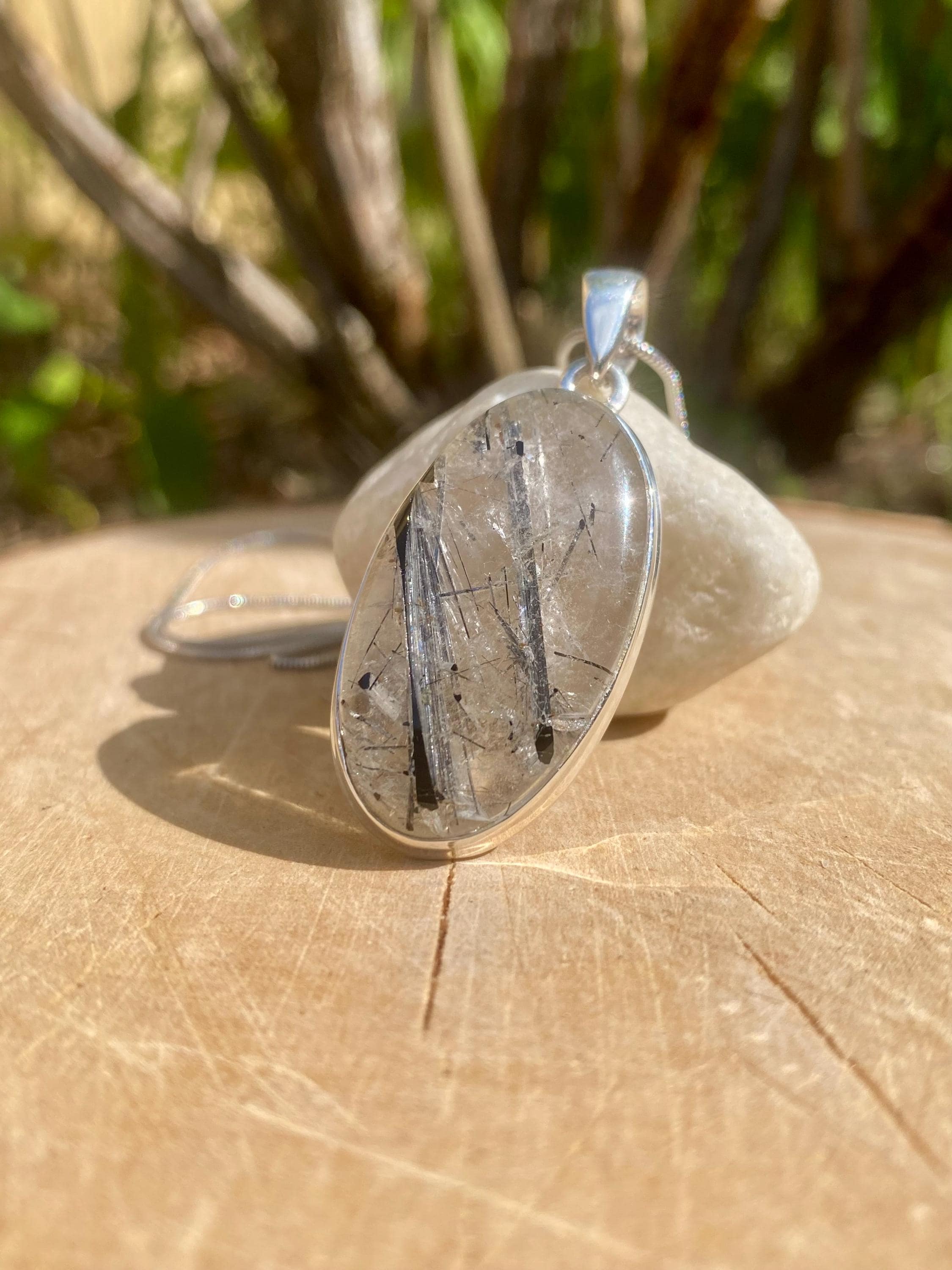 Black Tourmaline Rutilated Quartz Sterling Silver Pendant