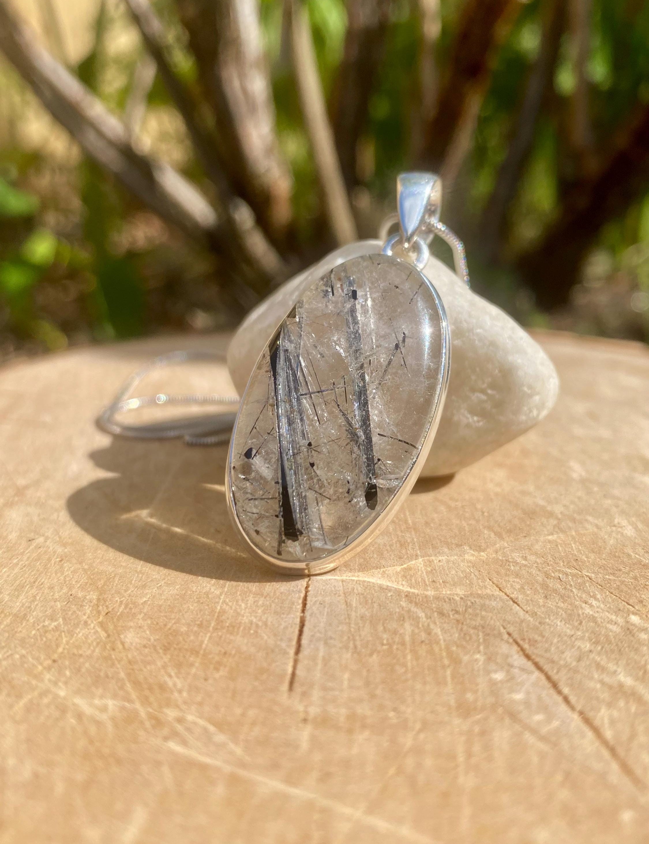 Oval Black Tourmaline Rutilated Quartz Sterling Silver Pendant