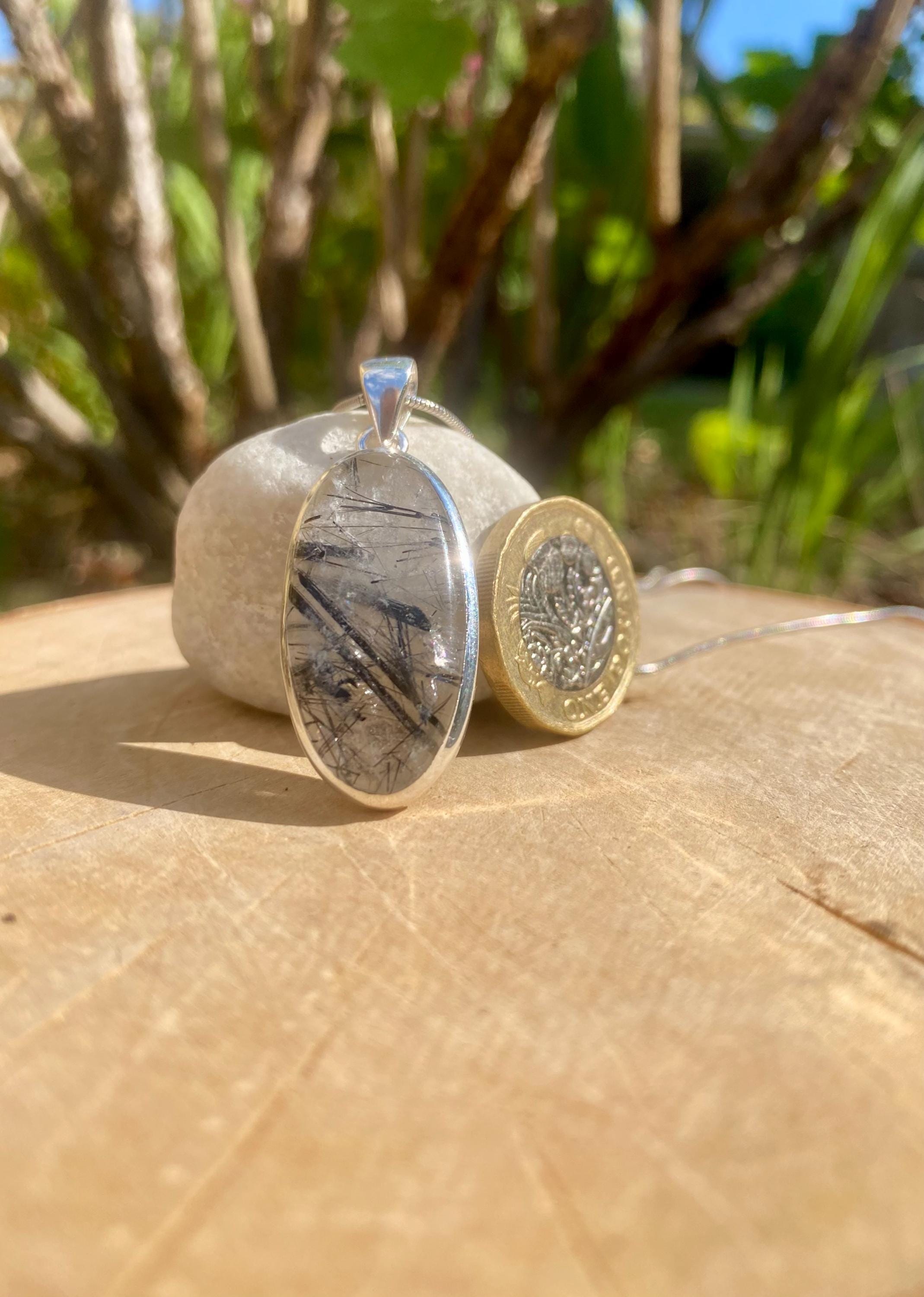 Oval Black Tourmaline Rutilated Quartz Sterling Silver Pendant