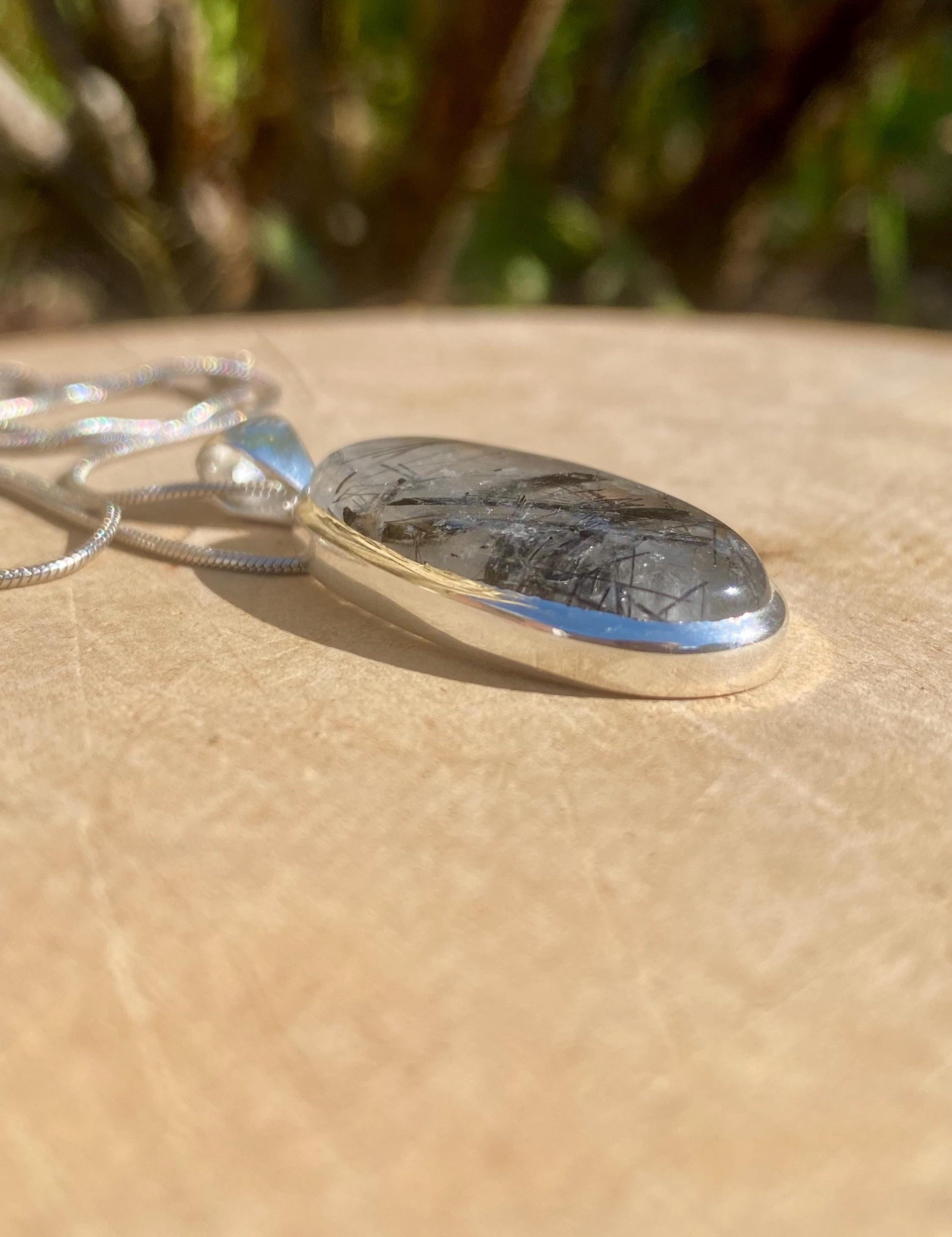 Oval Black Tourmaline Rutilated Quartz Sterling Silver Pendant