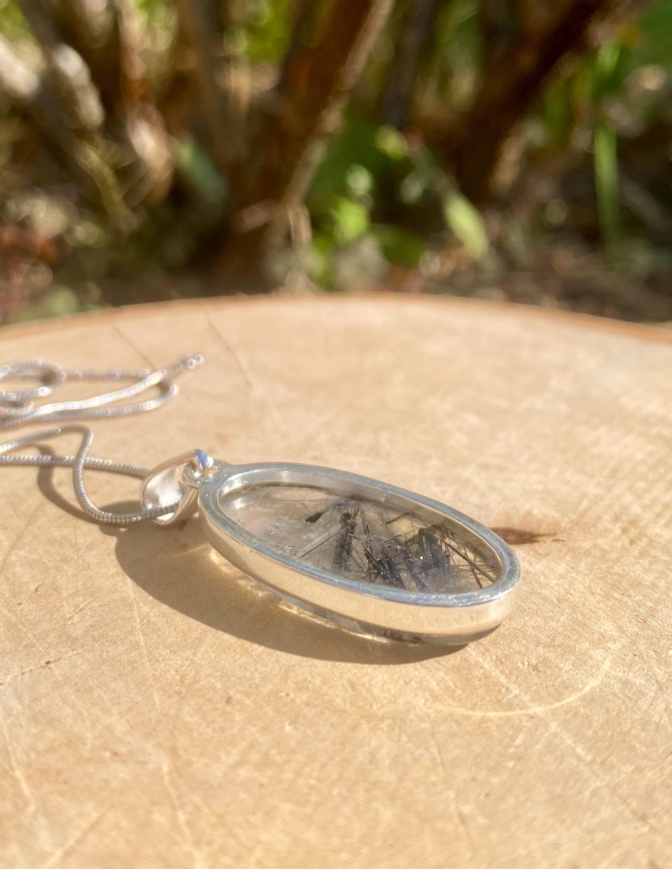 Oval Black Tourmaline Rutilated Quartz Sterling Silver Pendant