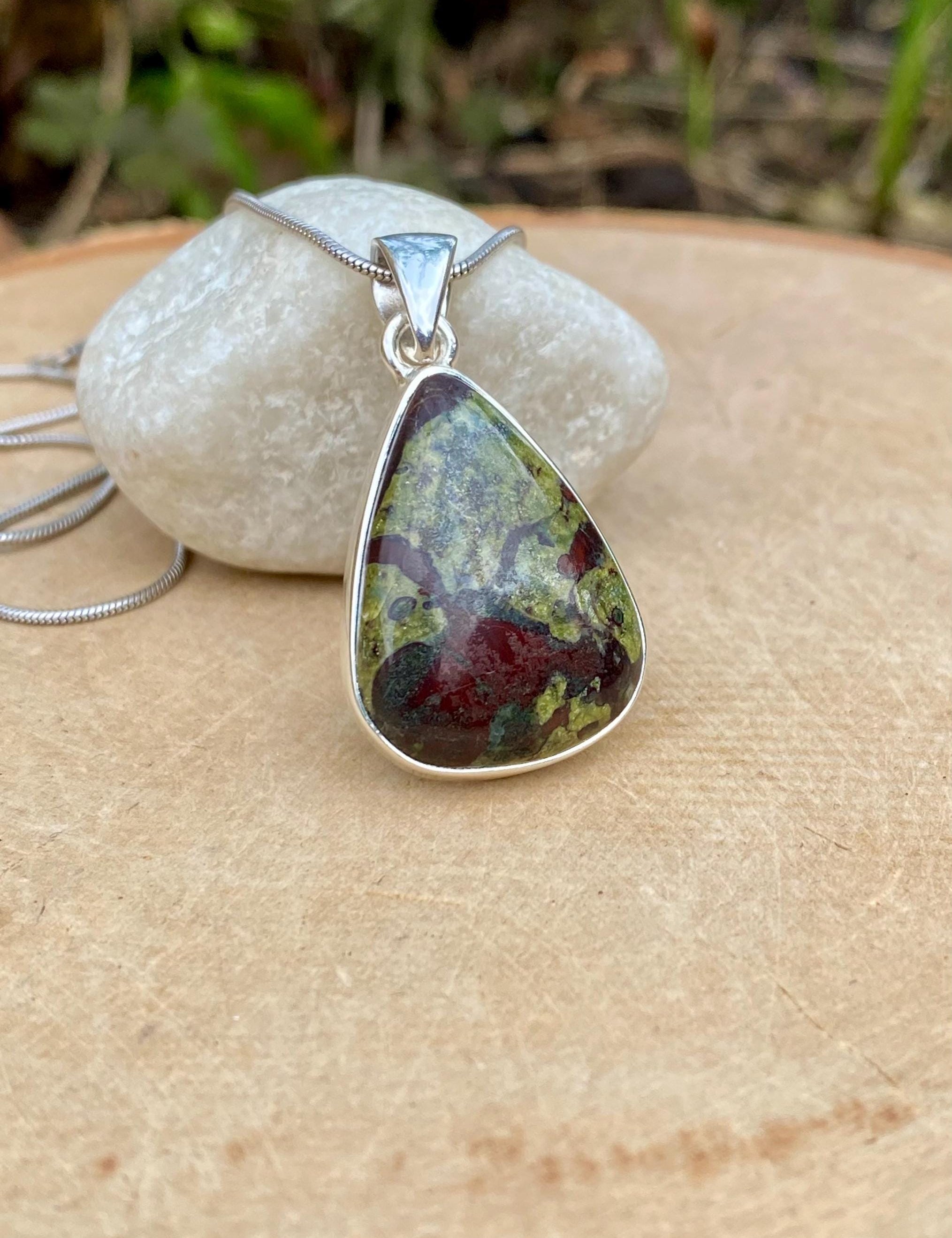 Pear Cut African Dragon Bloodstone Sterling Silver Pendant