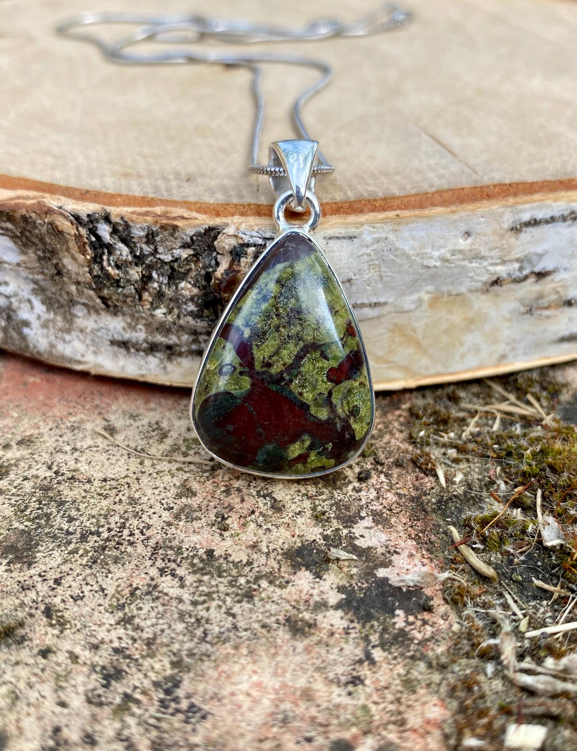 Pear Cut African Dragon Bloodstone Sterling Silver Pendant