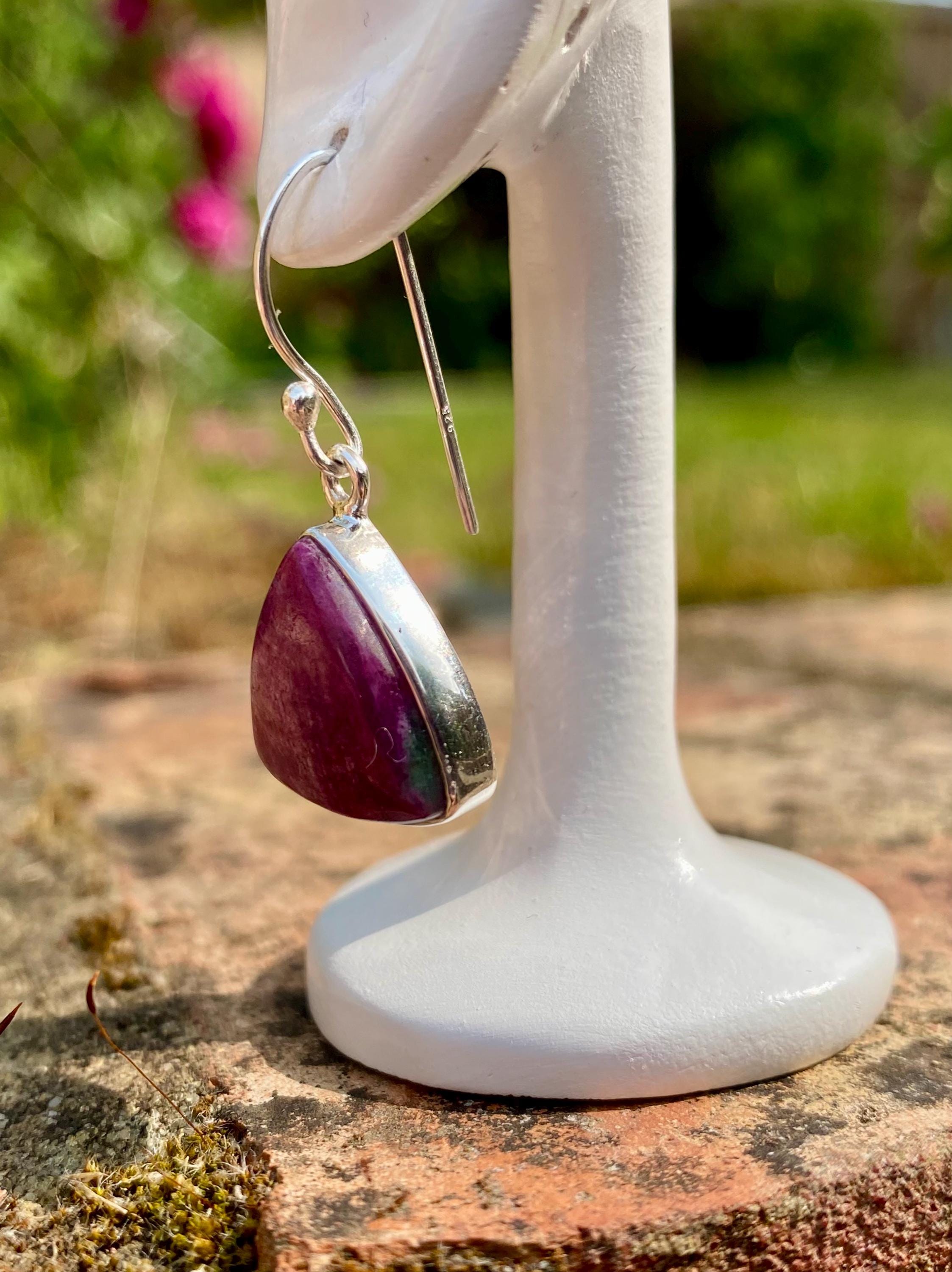 Triangle shaped Natural African Ruby Sterling Silver Dangle Earrings