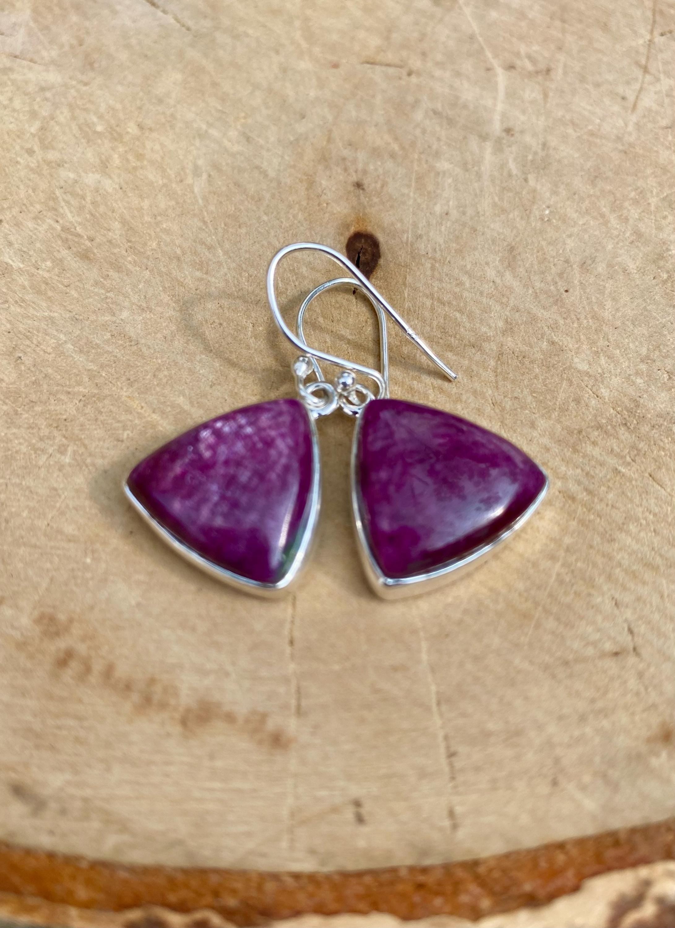 Triangle shaped Natural African Ruby Sterling Silver Dangle Earrings