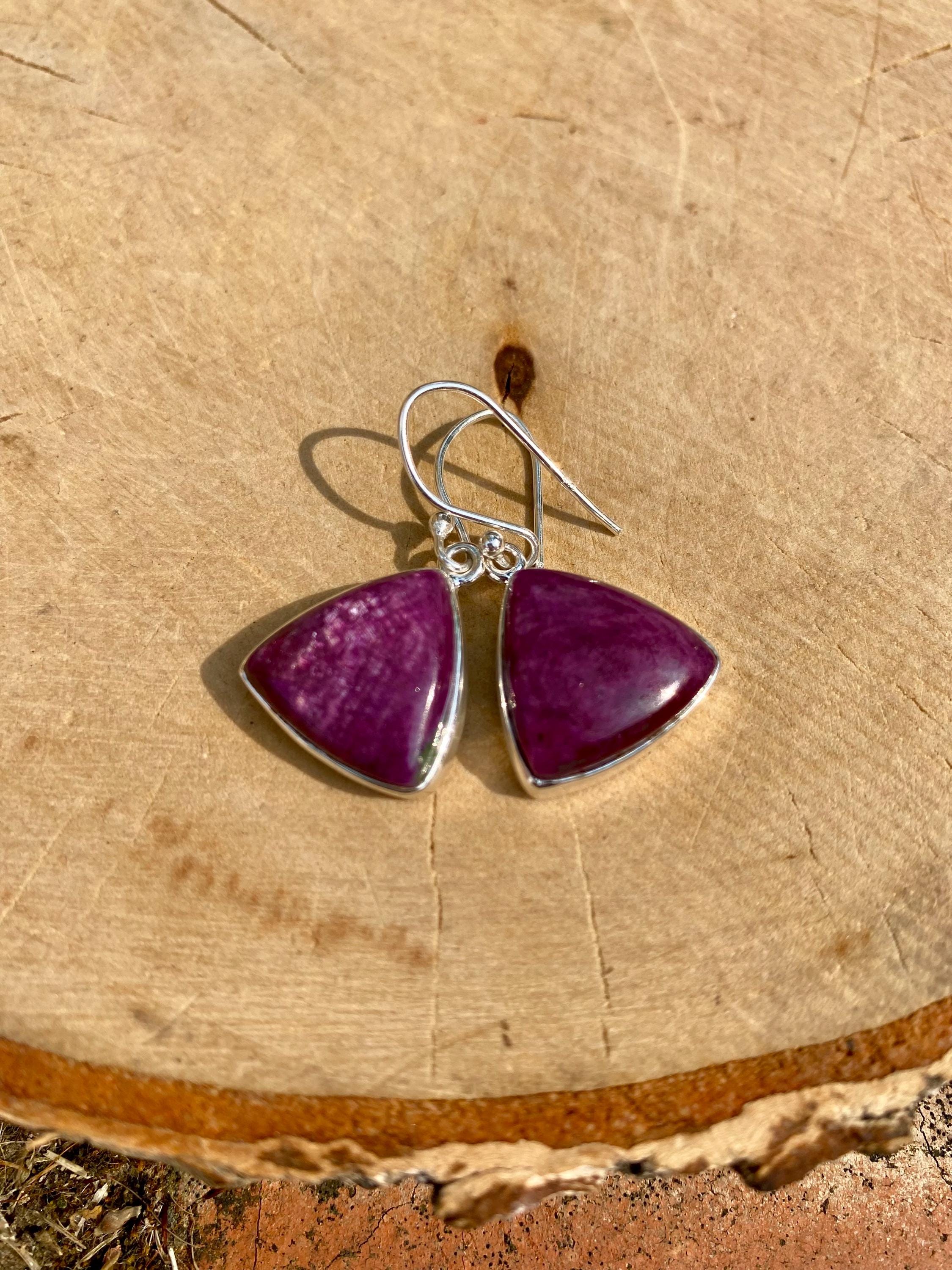 Triangle shaped Natural African Ruby Sterling Silver Dangle Earrings