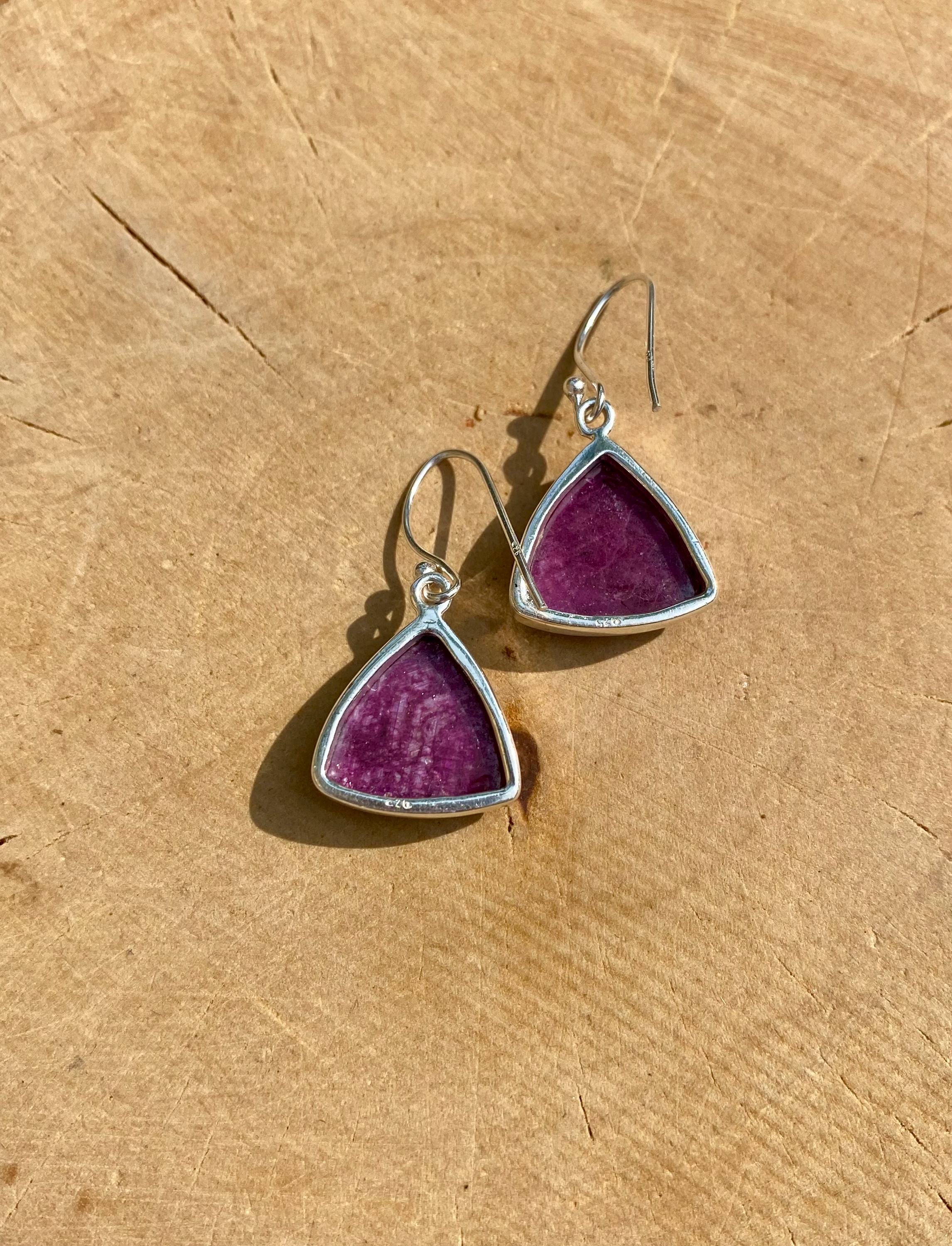 Triangle shaped Natural African Ruby Sterling Silver Dangle Earrings