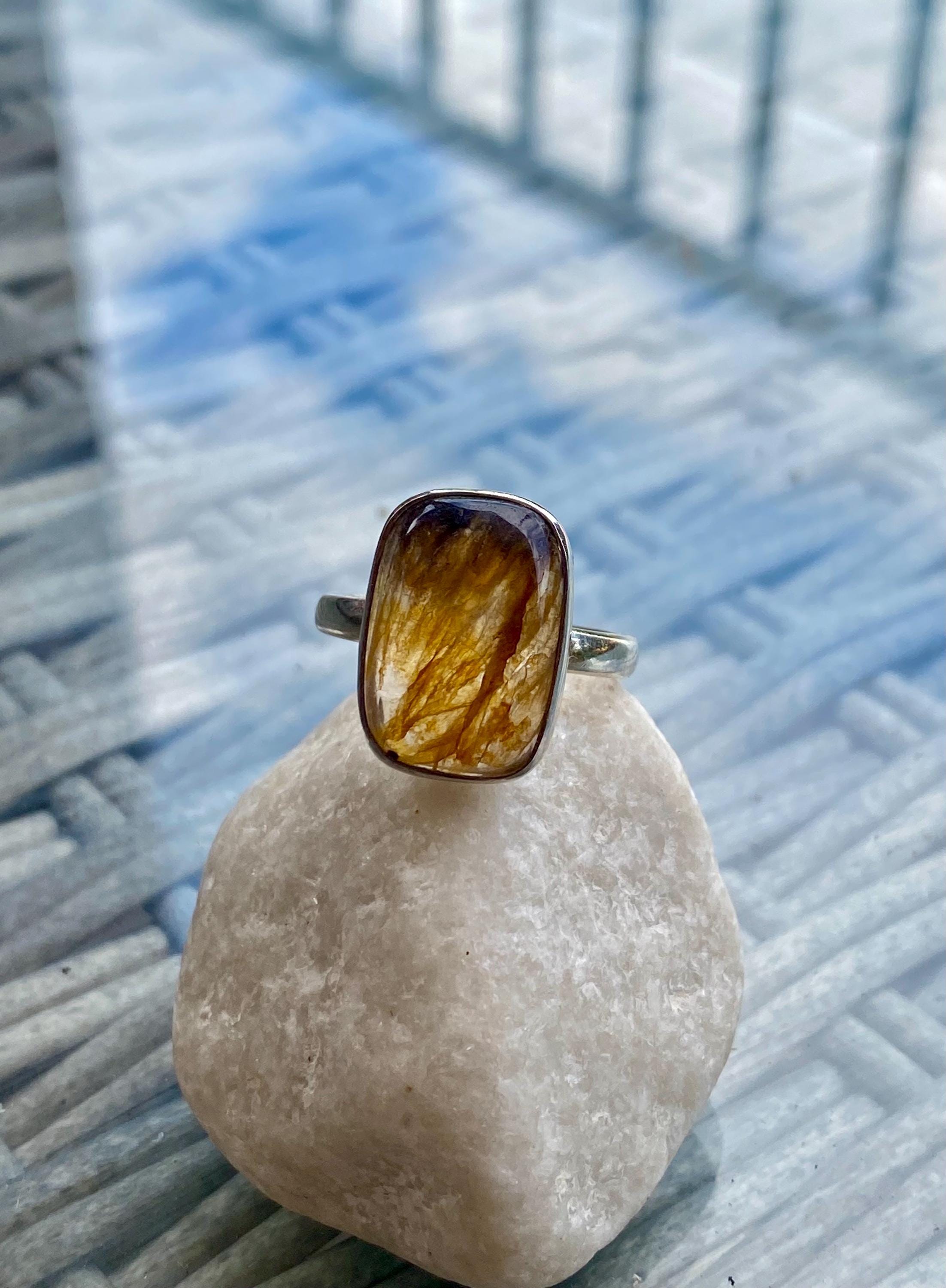 Extremely Rare Blue John 925 Sterling Silver Rectangular Ring