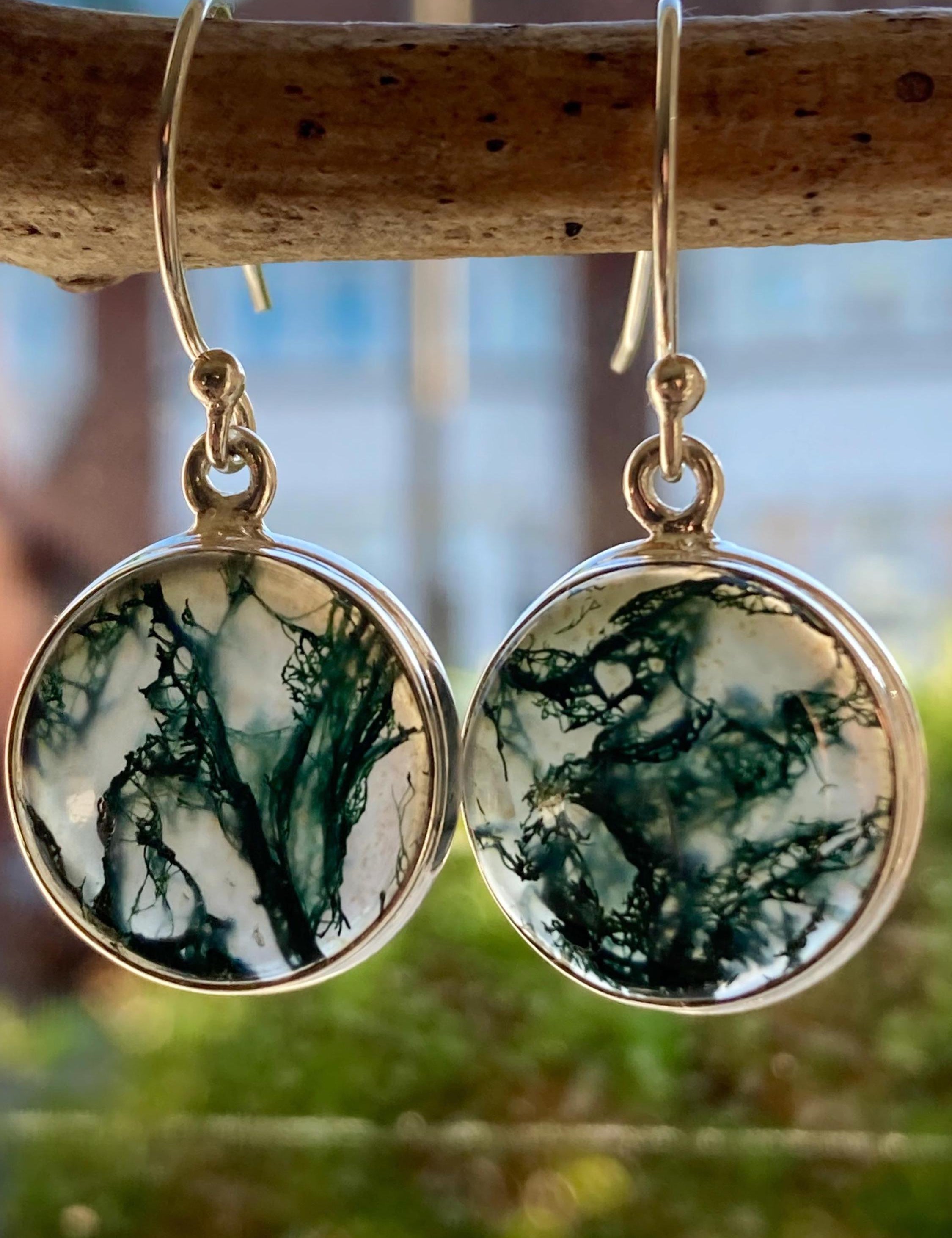 Moss Agate and Silver Round Earrings
