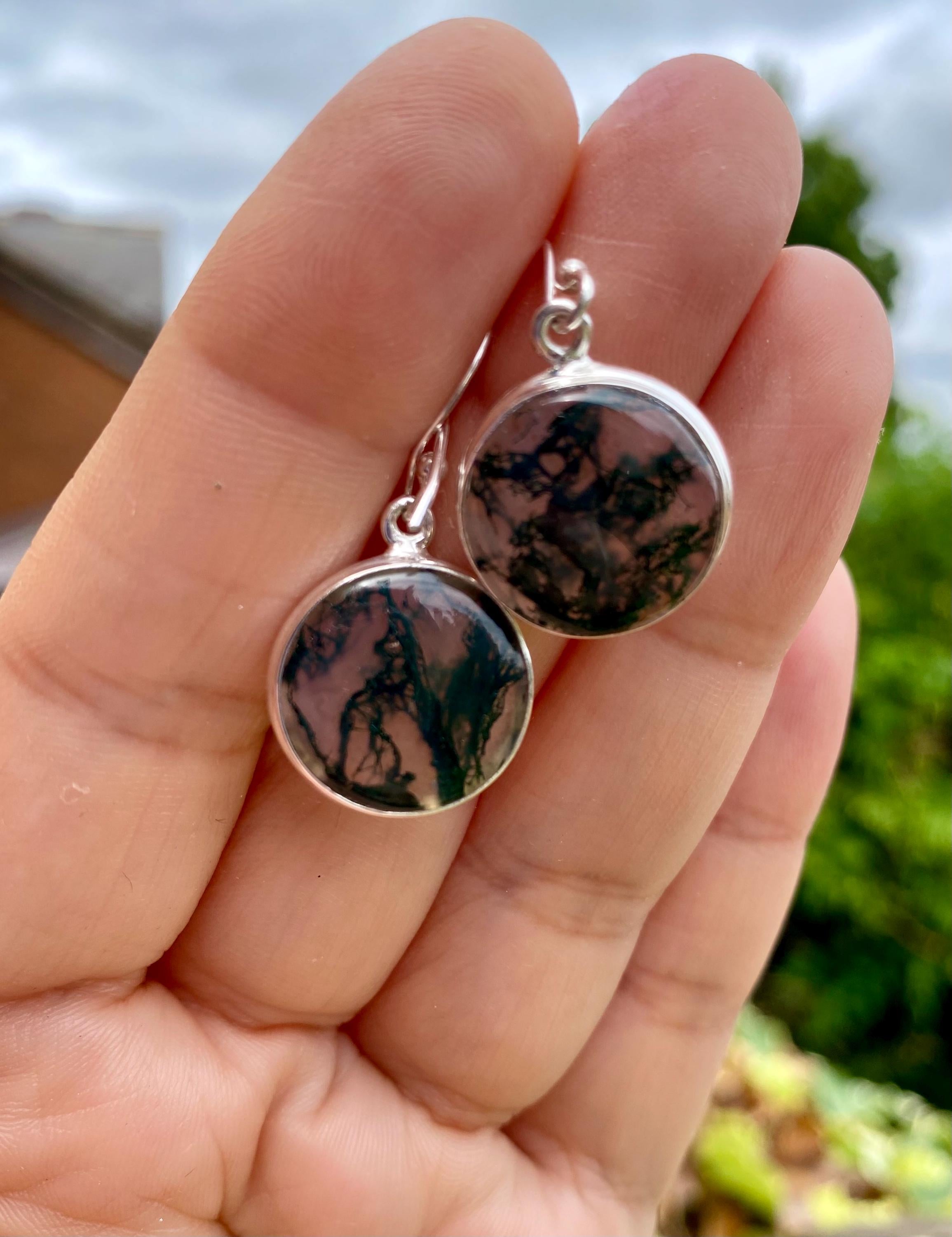 Moss Agate and Silver Round Earrings