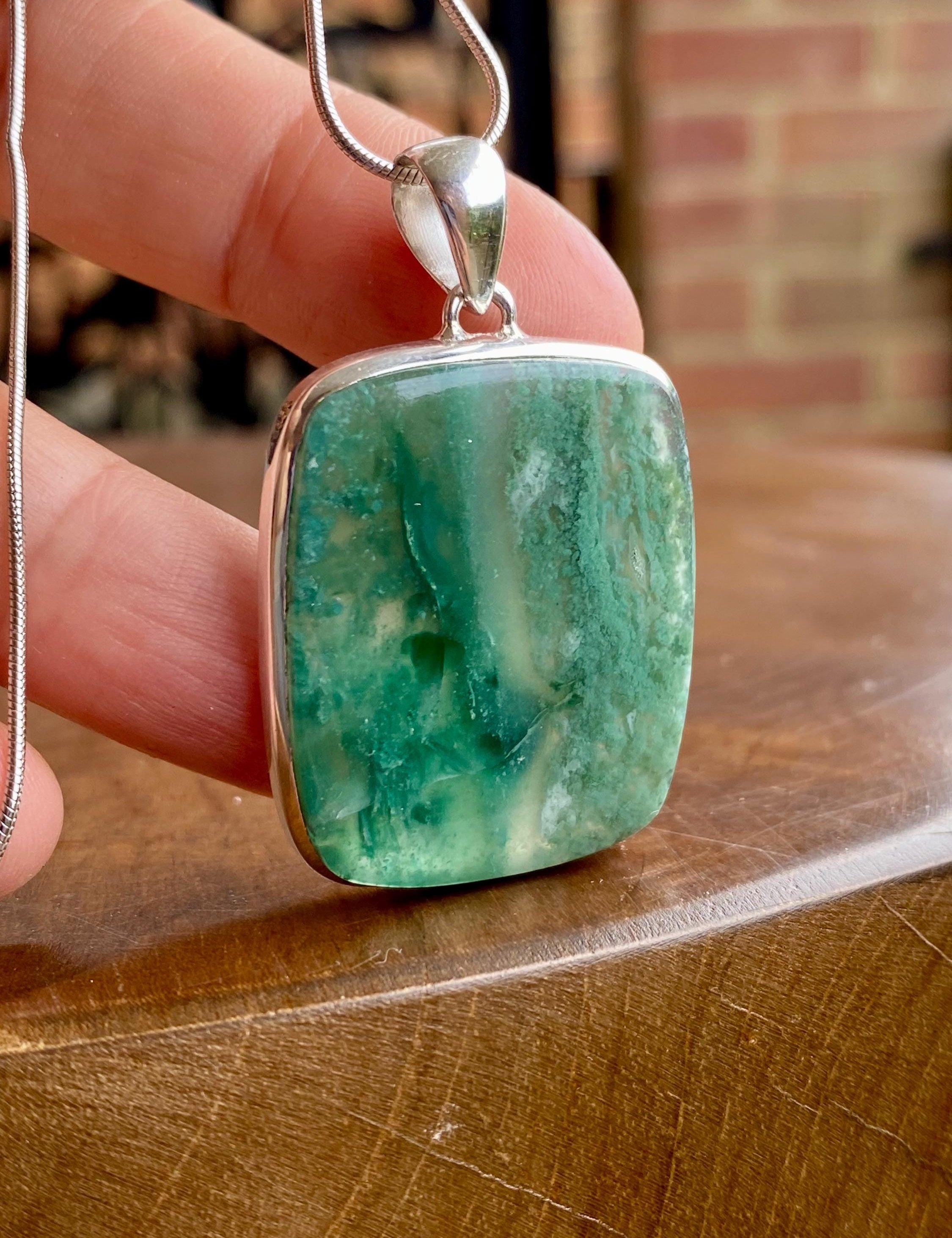 Genuine Rectangle Mtorolite Emerald Chrome Chalcedony 925 Sterling Silver Pendant