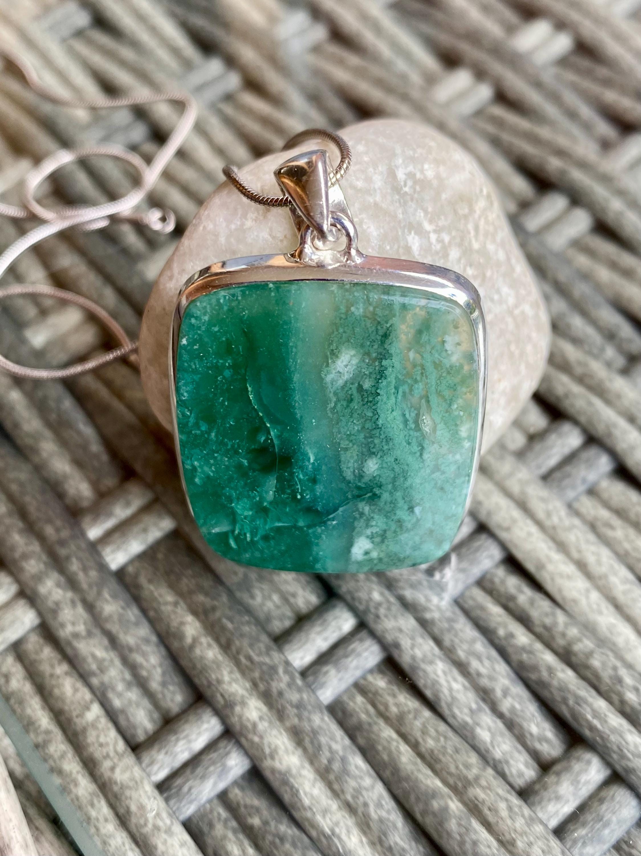 Genuine Rectangle Mtorolite Emerald Chrome Chalcedony 925 Sterling Silver Pendant